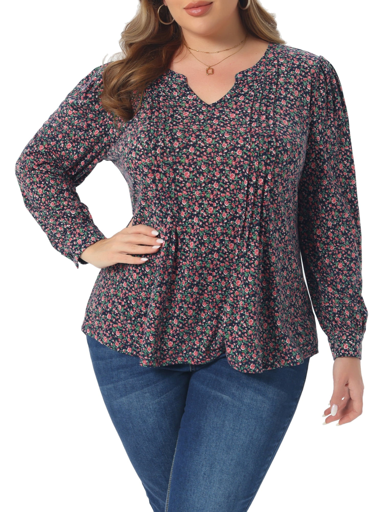 DARING DIVA Women's Plus Pleated Notch V Neck Floral Tunic Blouse 3X Pink Blue