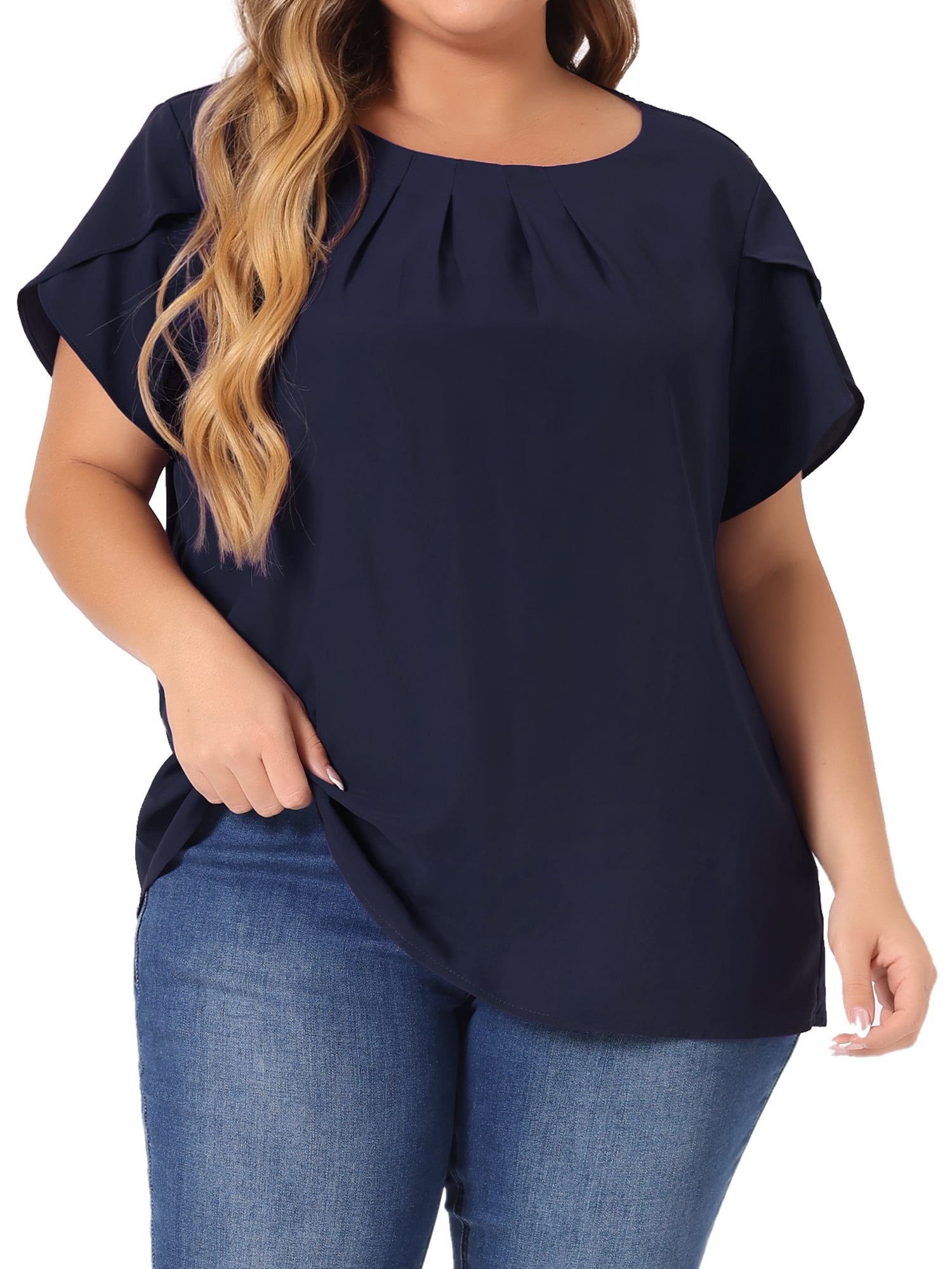 DARING DIVA Women's Plus Size Round Neck Pleated Tulip Sleeve Shirt Blouse 1X Dark Blue