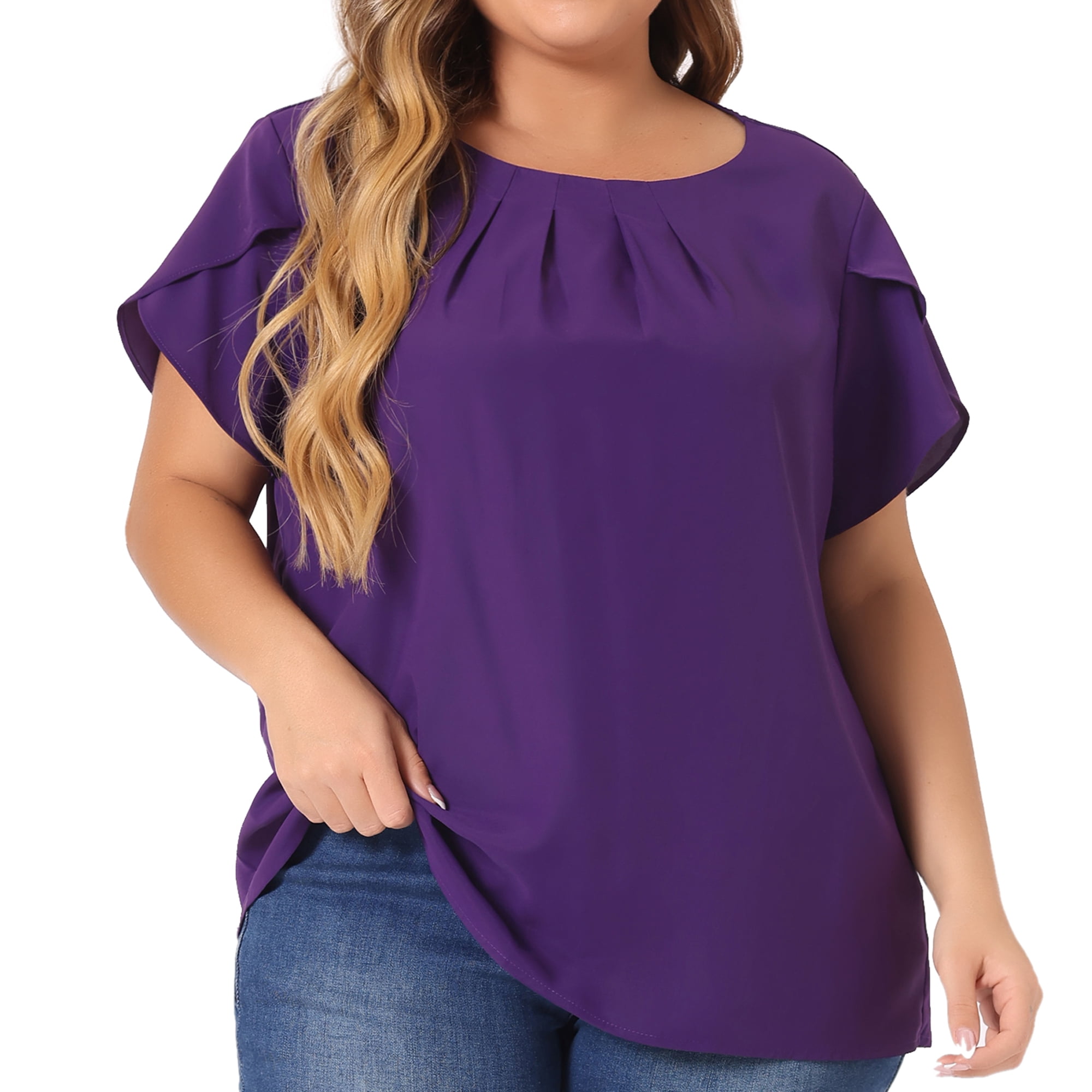 DARING DIVA Women's Plus Size Round Neck Pleated Tulip Sleeve Shirt Blouse 2X Purple