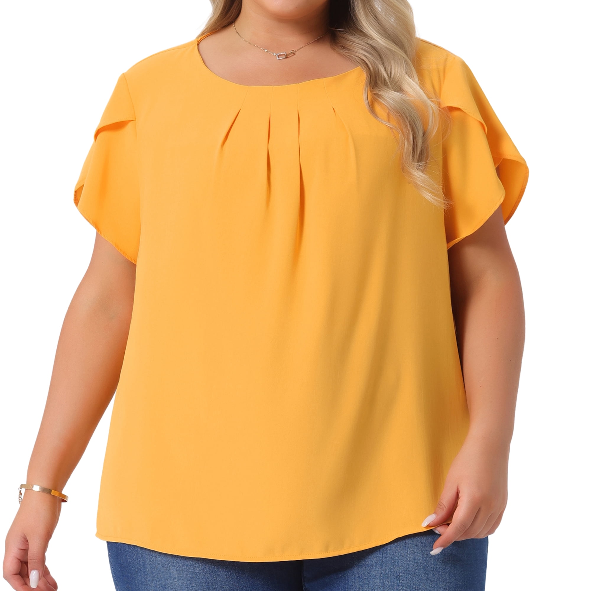 DARING DIVA Women's Plus Size Round Neck Pleated Tulip Sleeve Shirt Blouse 2X Yellow