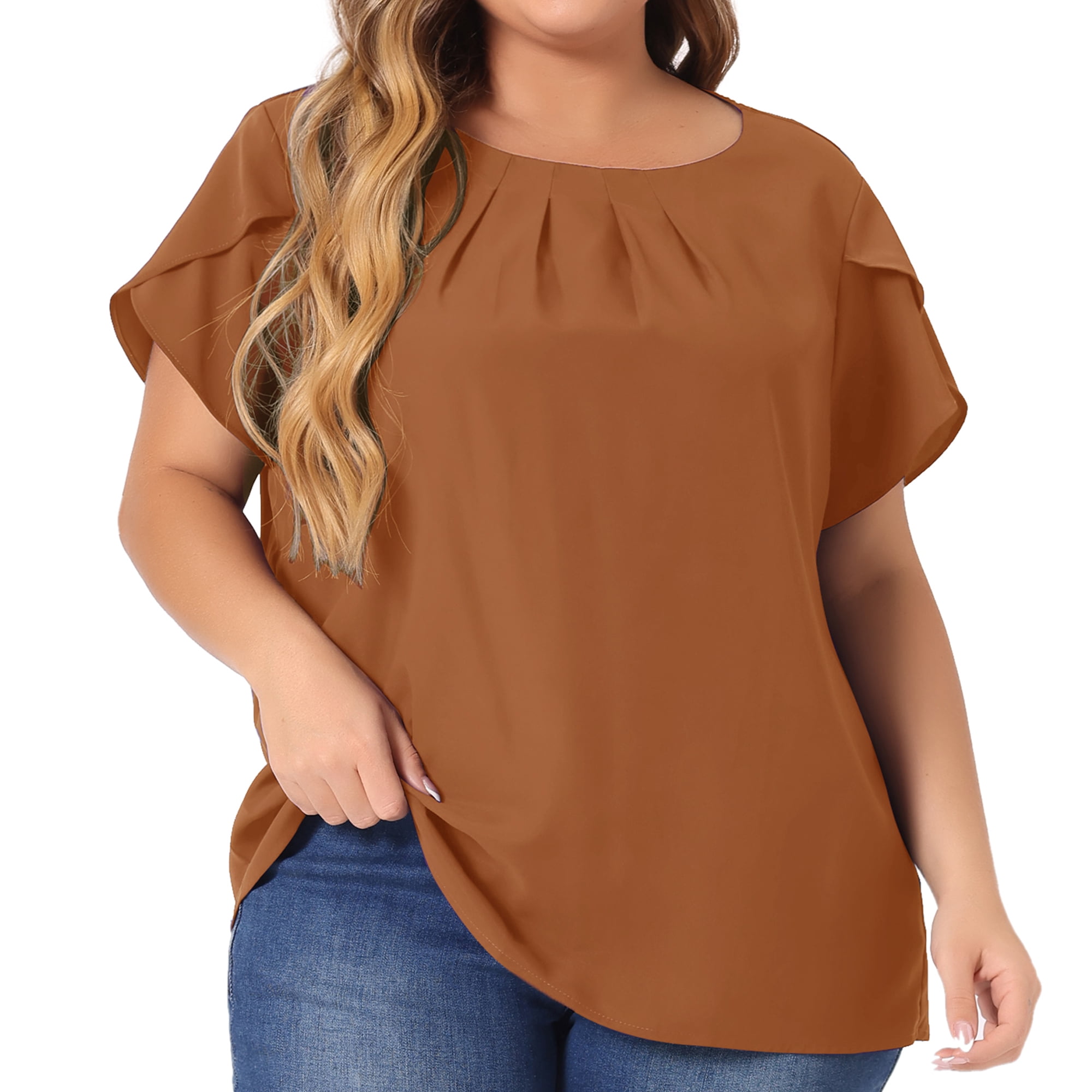 DARING DIVA Women's Plus Size Round Neck Pleated Tulip Sleeve Shirt Blouse 3X Brown