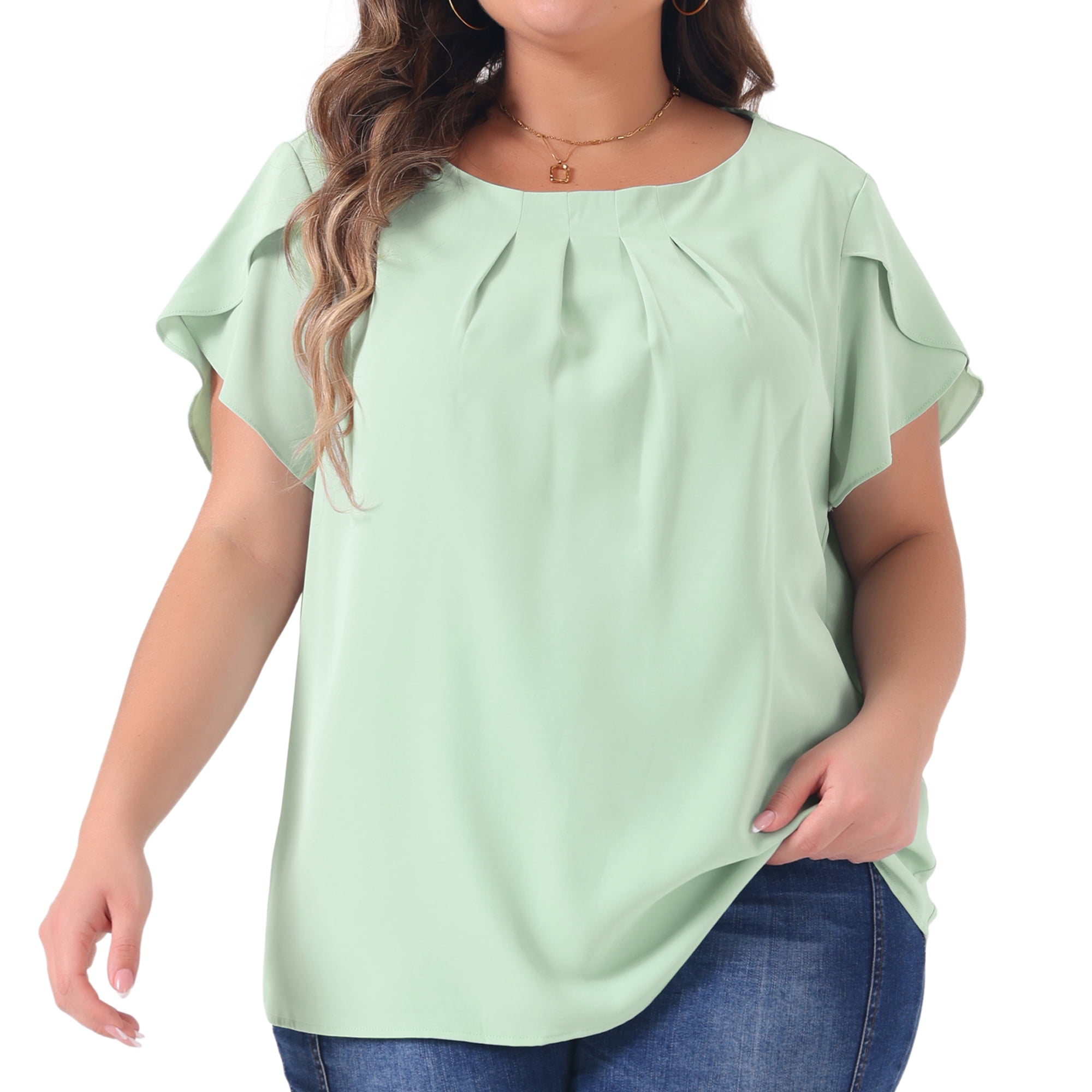 DARING DIVA Women's Plus Size Round Neck Pleated Tulip Sleeve Shirt Blouse 3X Light Green