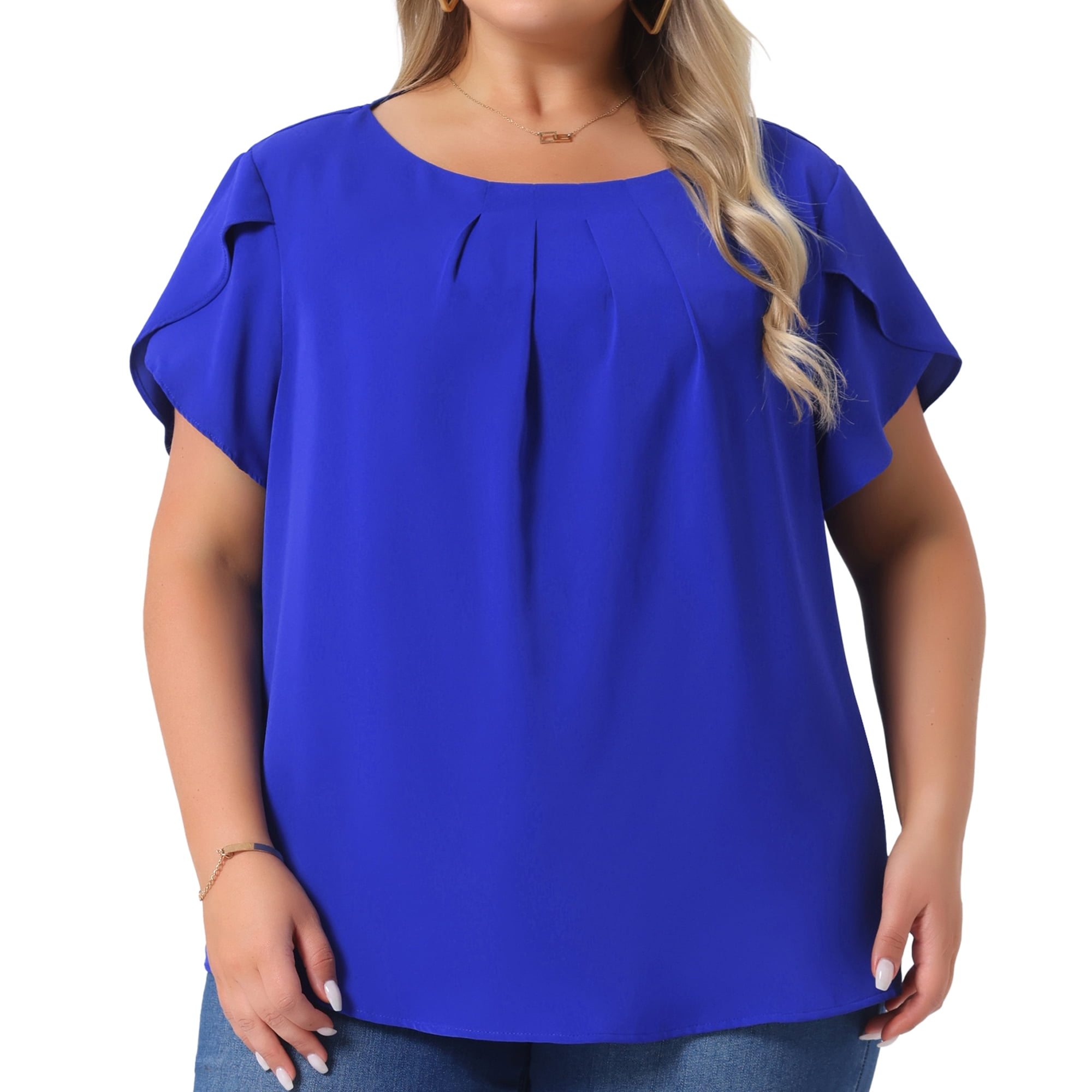 DARING DIVA Women's Plus Size Round Neck Pleated Tulip Sleeve Shirt Blouse 3X Royal Blue