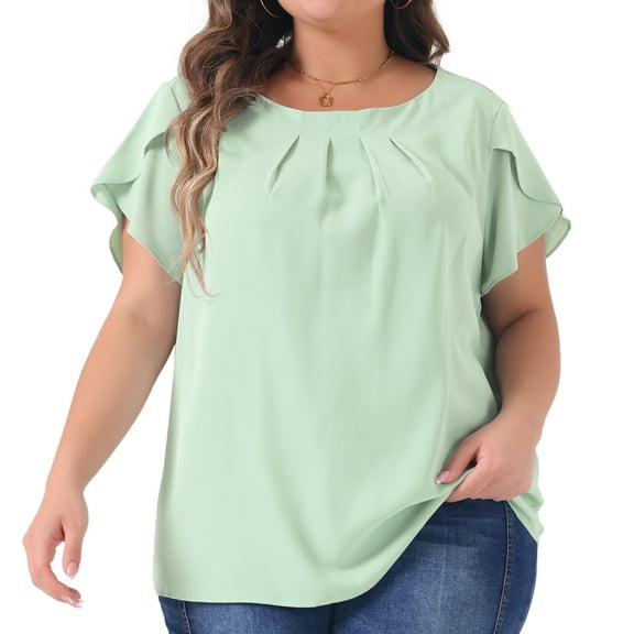 DARING DIVA Women's Plus Pleated Round Neck Basic Tulip Sleeves Top 4X Light Green