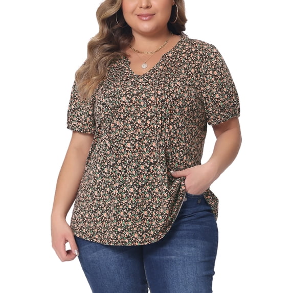 Women's Plus Short Sleeve Pleated T-Shirts Notched V Neck Floral Tops 1X Brown