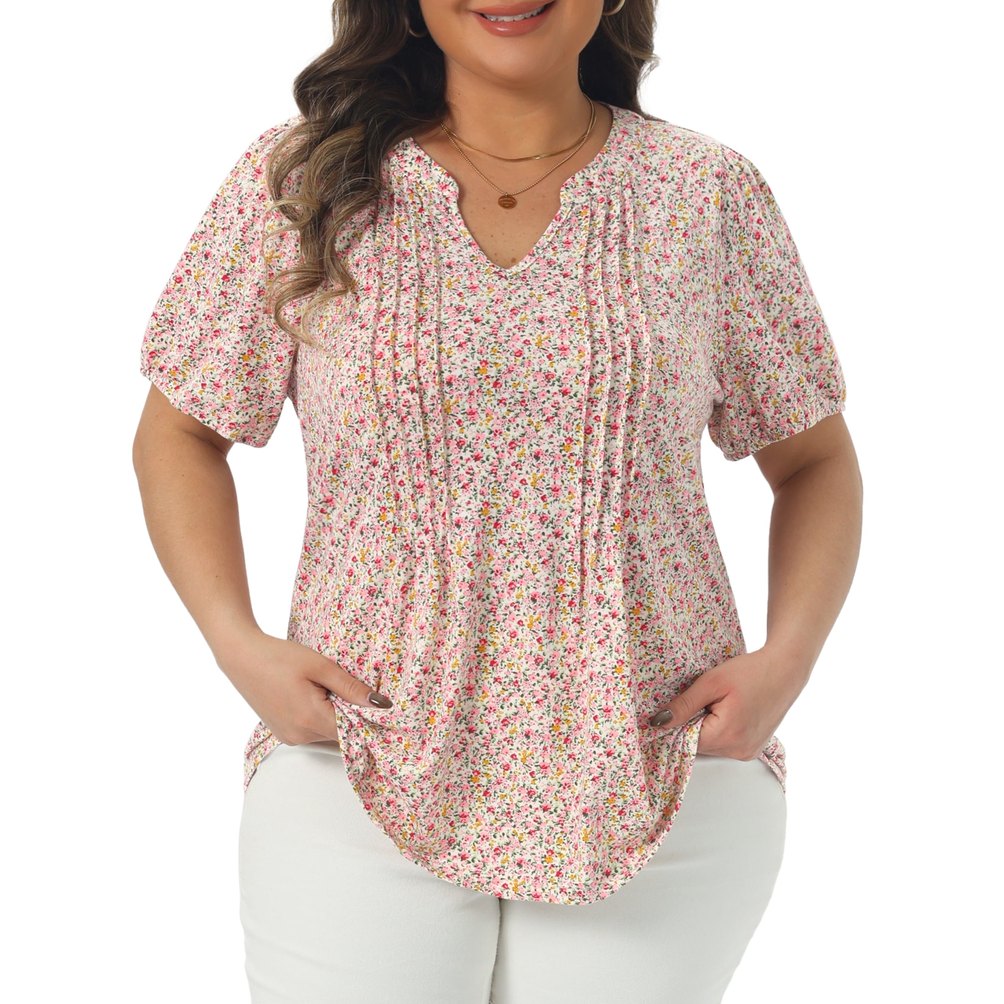 Women's Plus Short Sleeve Pleated T-Shirts Notched V Neck Floral Tops 1X Pink