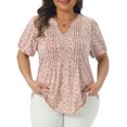 thumbnail image 1 of DARING DIVA Women's Plus Pleated T-Shirts Notched V Neck Floral Tops 1X Pink, 1 of 6