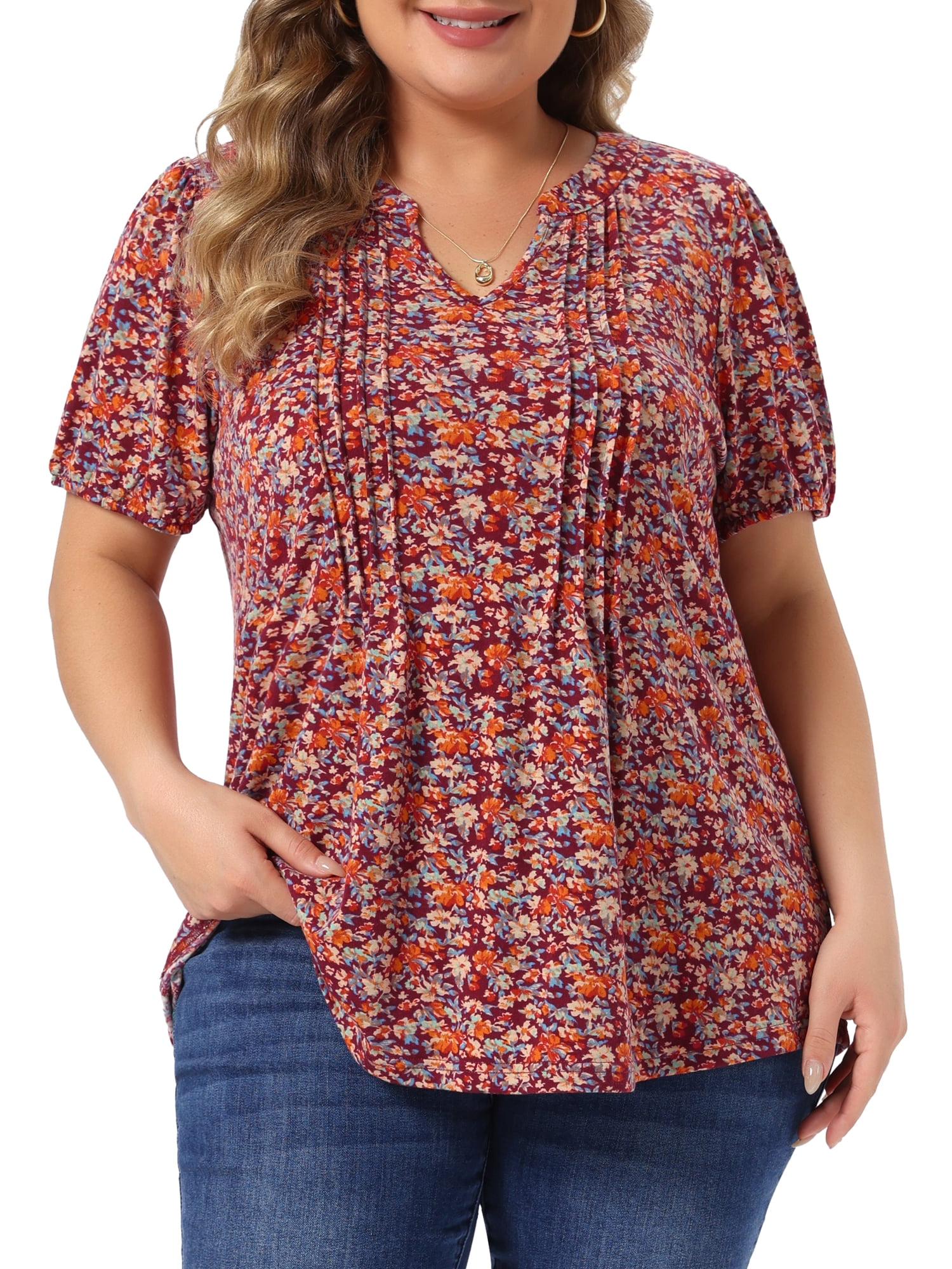DARING DIVA Women's Plus  Pleated T-Shirts Notched V Neck Floral Tops 1X Wine Red