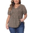 thumbnail image 1 of DARING DIVA Women's Plus Pleated T-Shirts Notched V Neck Floral Tops 2X Brown, 1 of 6