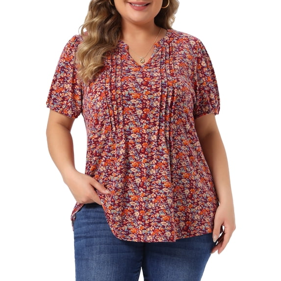DARING DIVA Women's Plus Pleated T-Shirts Notched V Neck Floral Tops 4X Wine Red
