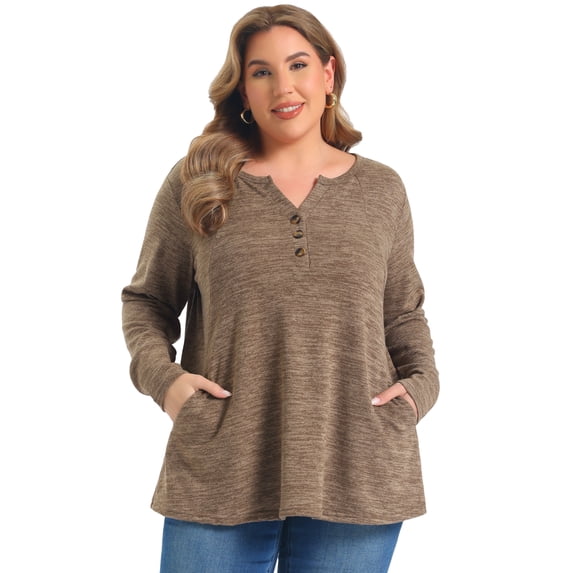 DARING DIVA Women's Plus Pocket Notch Neck Long Sleeve Blouses 1X Brown