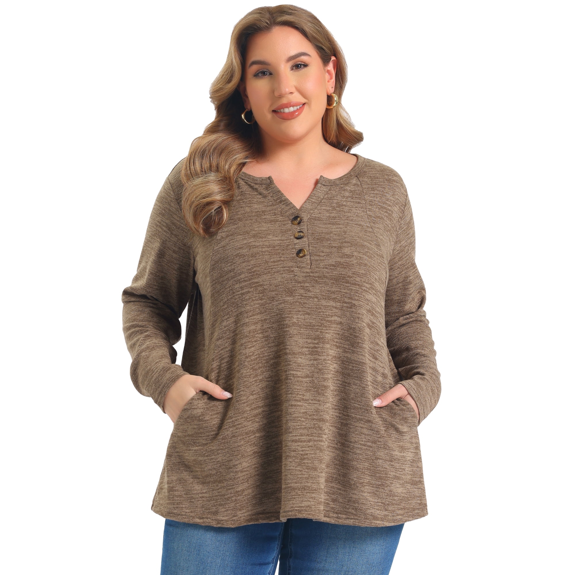 DARING DIVA Women's Plus Pocket Notch Neck Long Sleeve Blouses 2X Brown