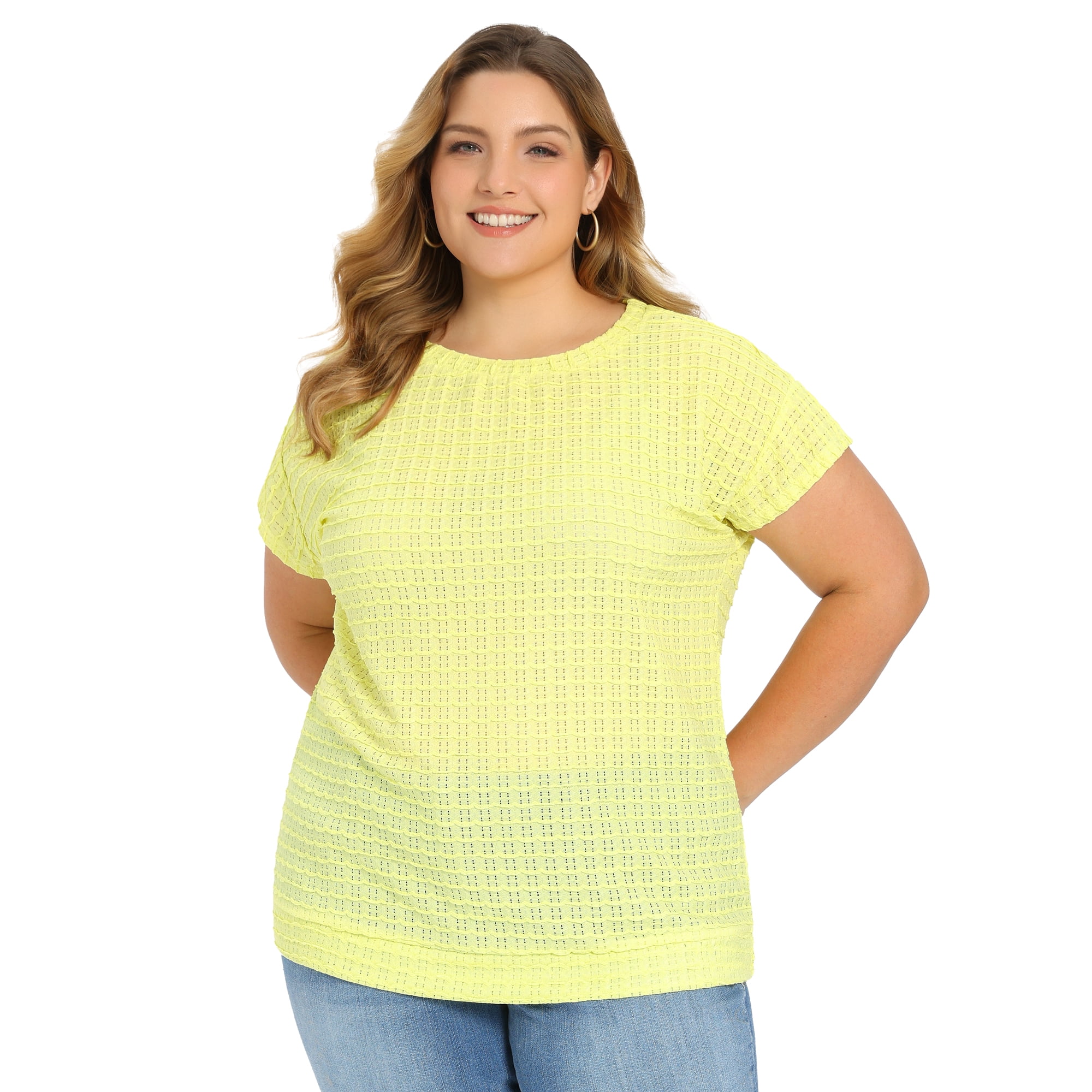 DARING DIVA Women's Plus Pointelle Knit Tops Casual Blouse 1X Yellow