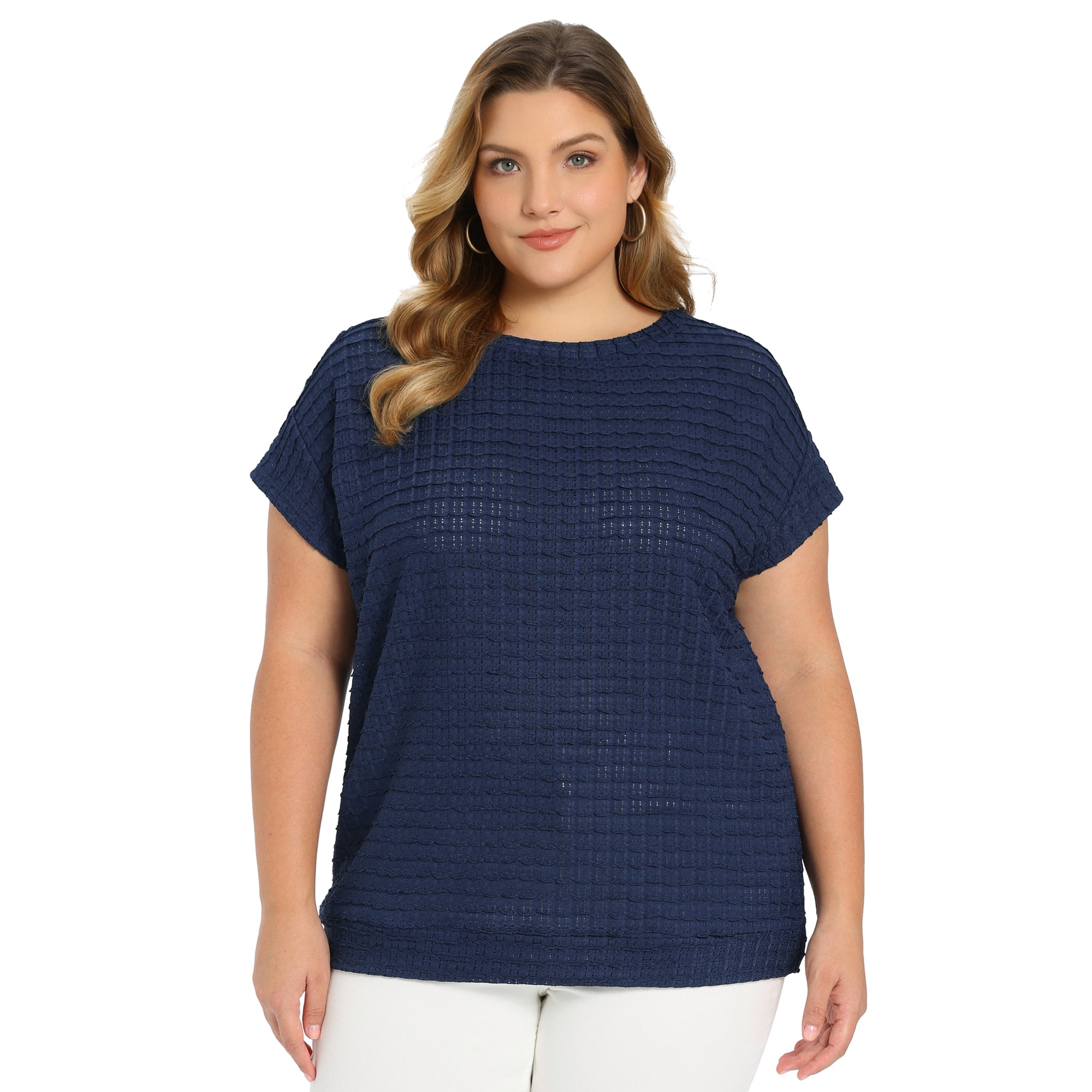 DARING DIVA Women's Plus Pointelle Knit Tops Casual Blouse 3X Navy Blue