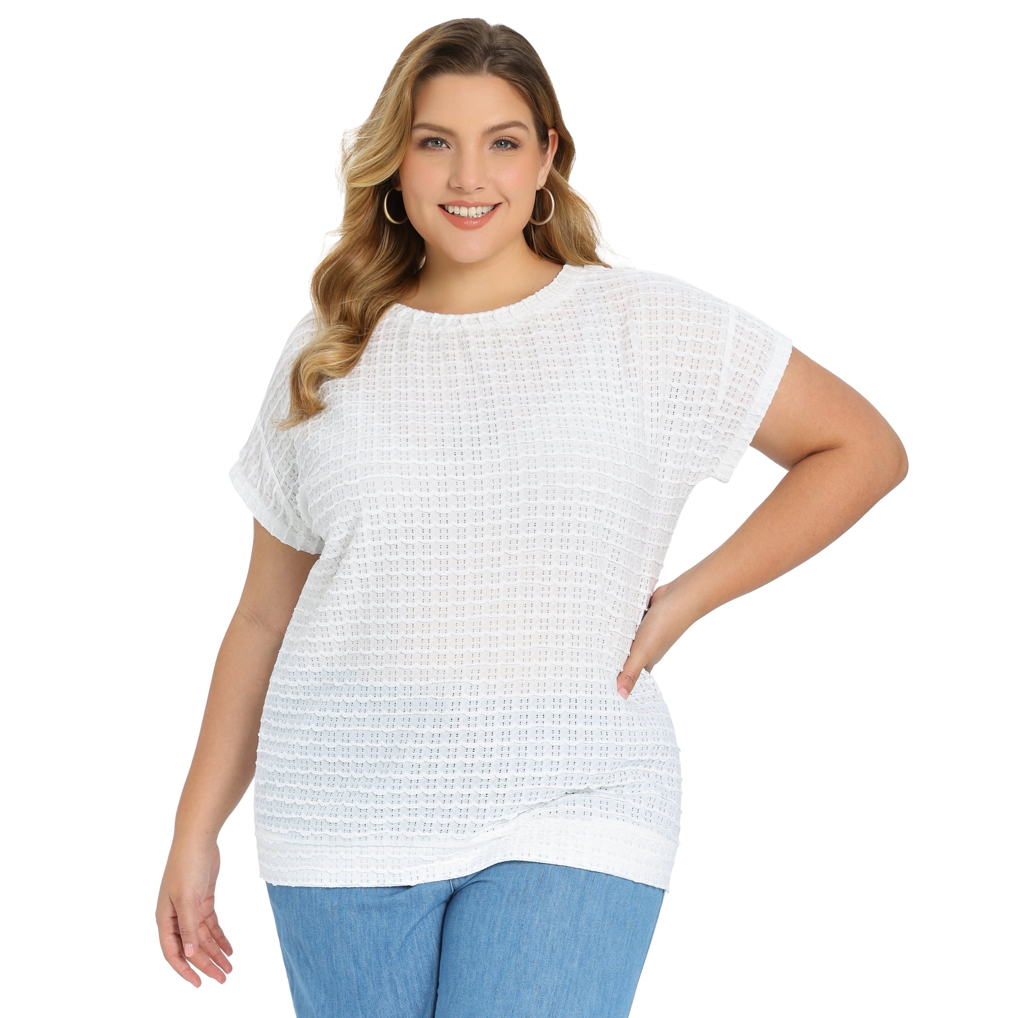 DARING DIVA Women's Plus Pointelle Knit Tops Casual Blouse 4X White
