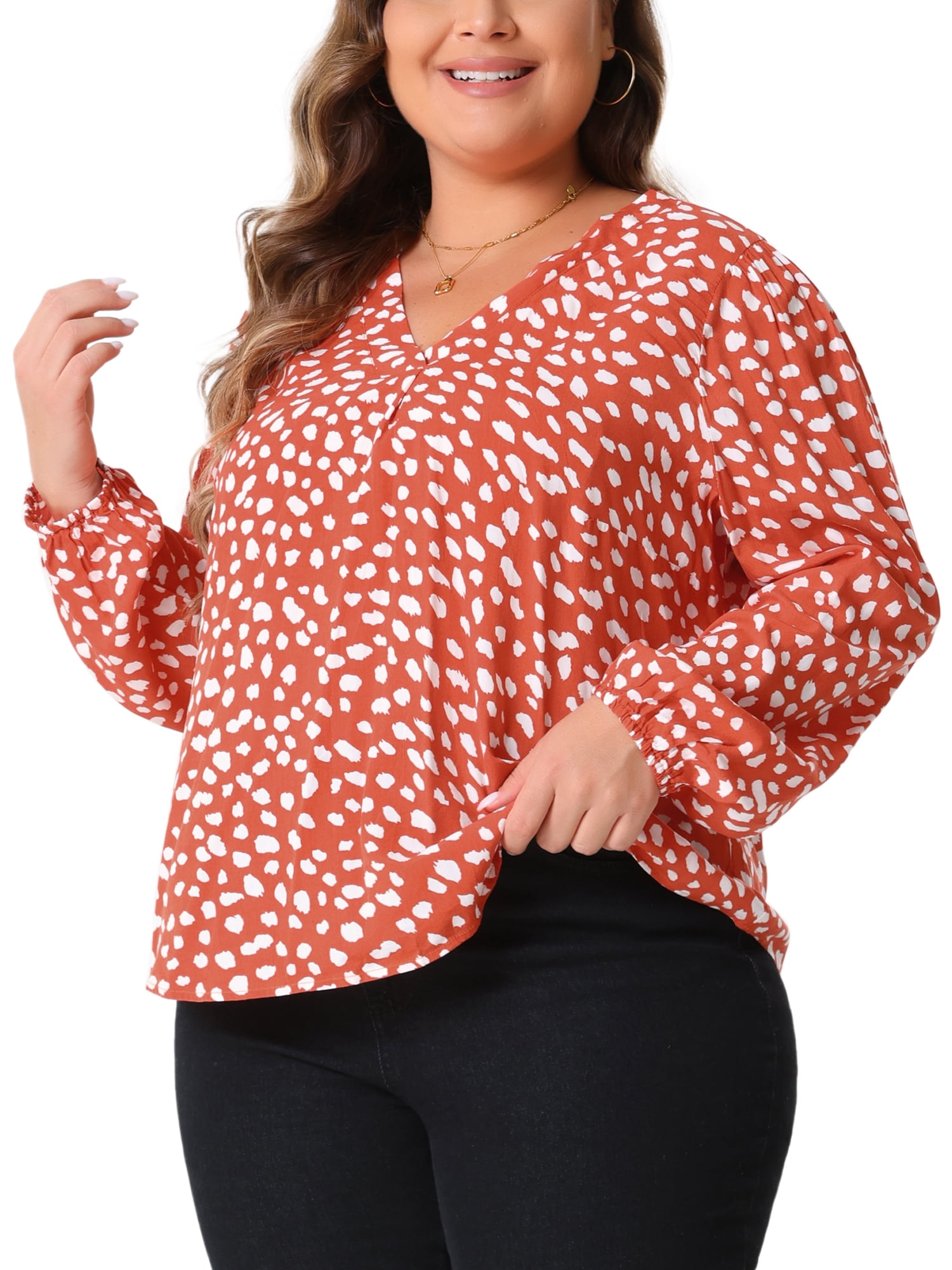DARING DIVA Women's Plus Polka Dot V Neck Long Sleeve Blouse 1X Orange