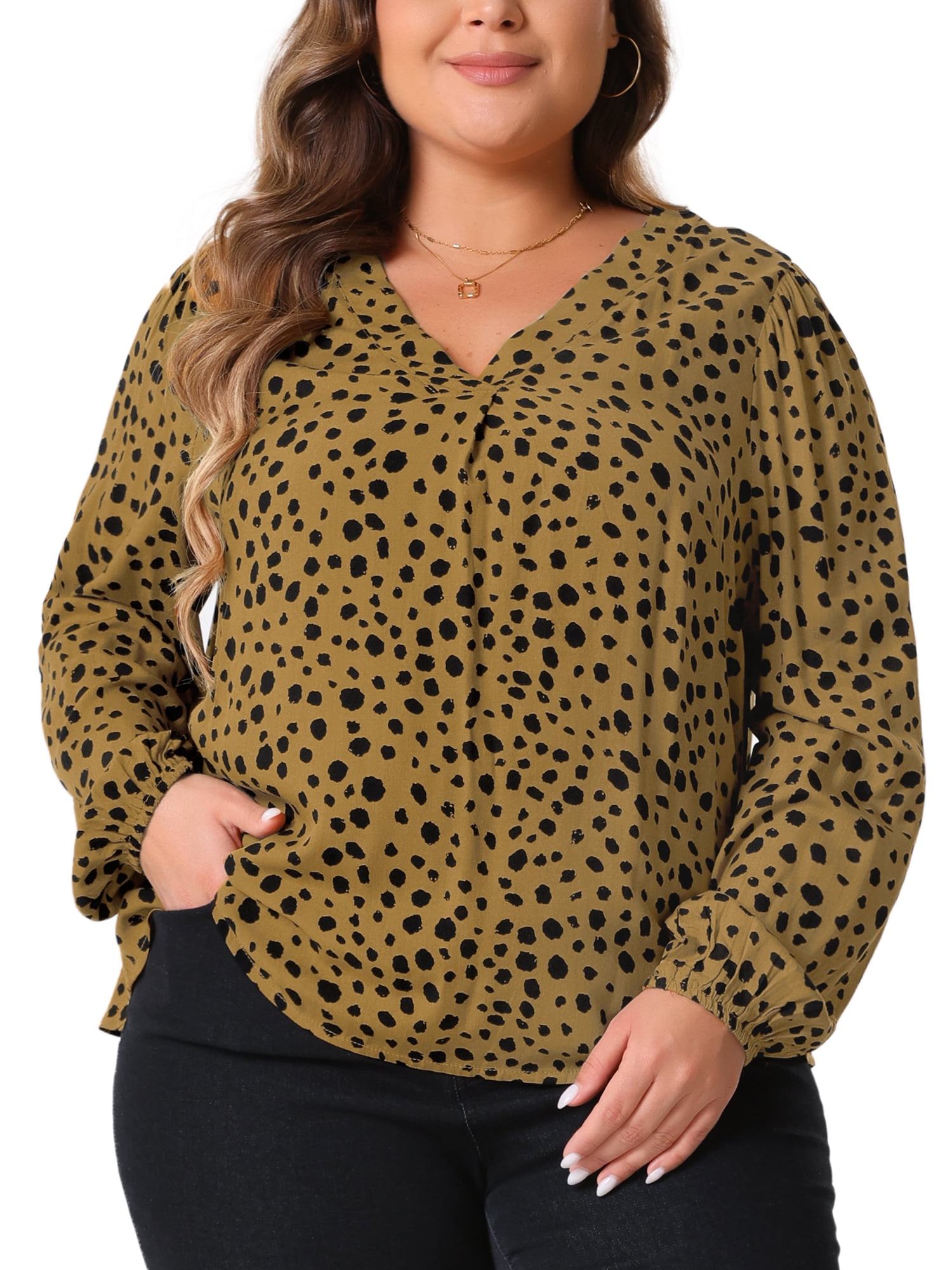 DARING DIVA Women's Plus Polka Dot V Neck Long Sleeve Blouse 2X Brown
