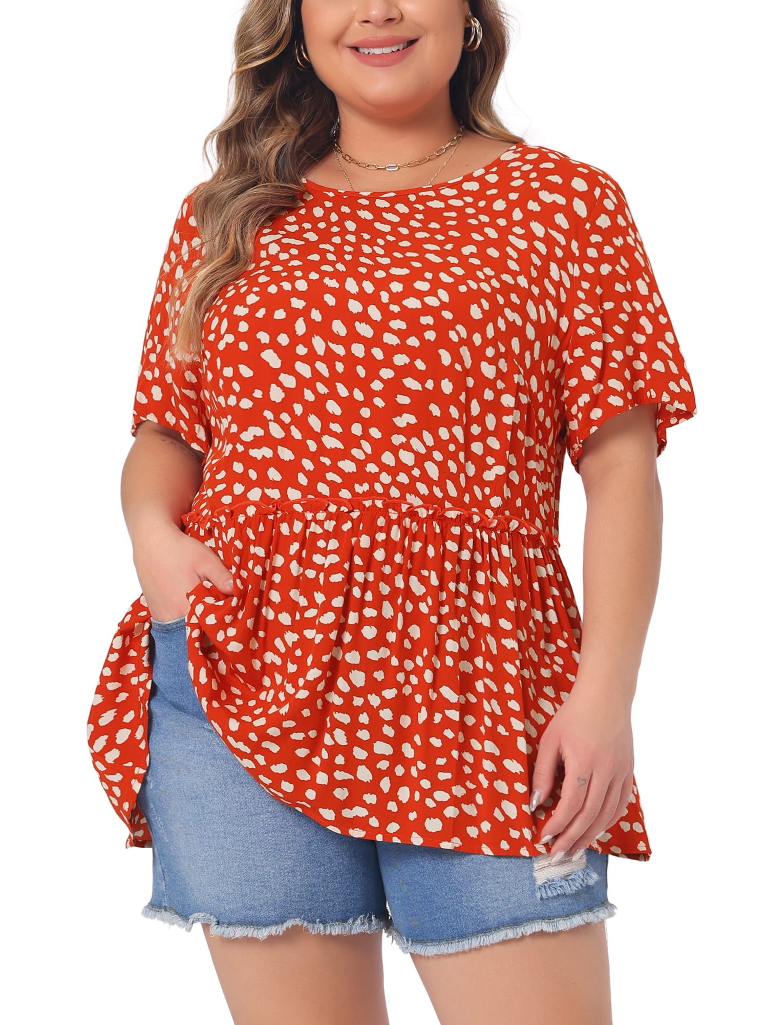 DARING DIVA Women's Plus Polka Dots Crew Neck Peplum Blouse 1X Orange