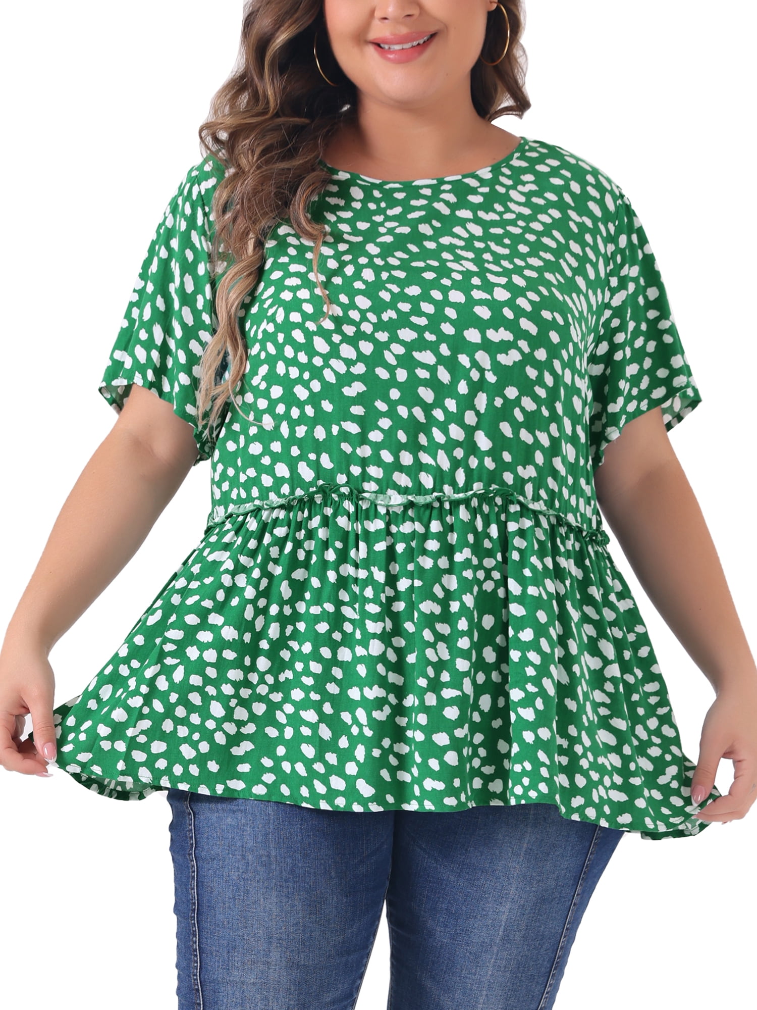 DARING DIVA Women's Plus Polka Dots Crew Neck Peplum Blouse 3X Dark Green