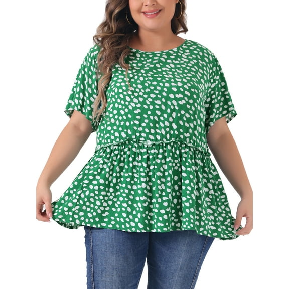 DARING DIVA Women's Plus Polka Dots Crew Neck Short Sleeve Peplum Blouse 3X Dark Green