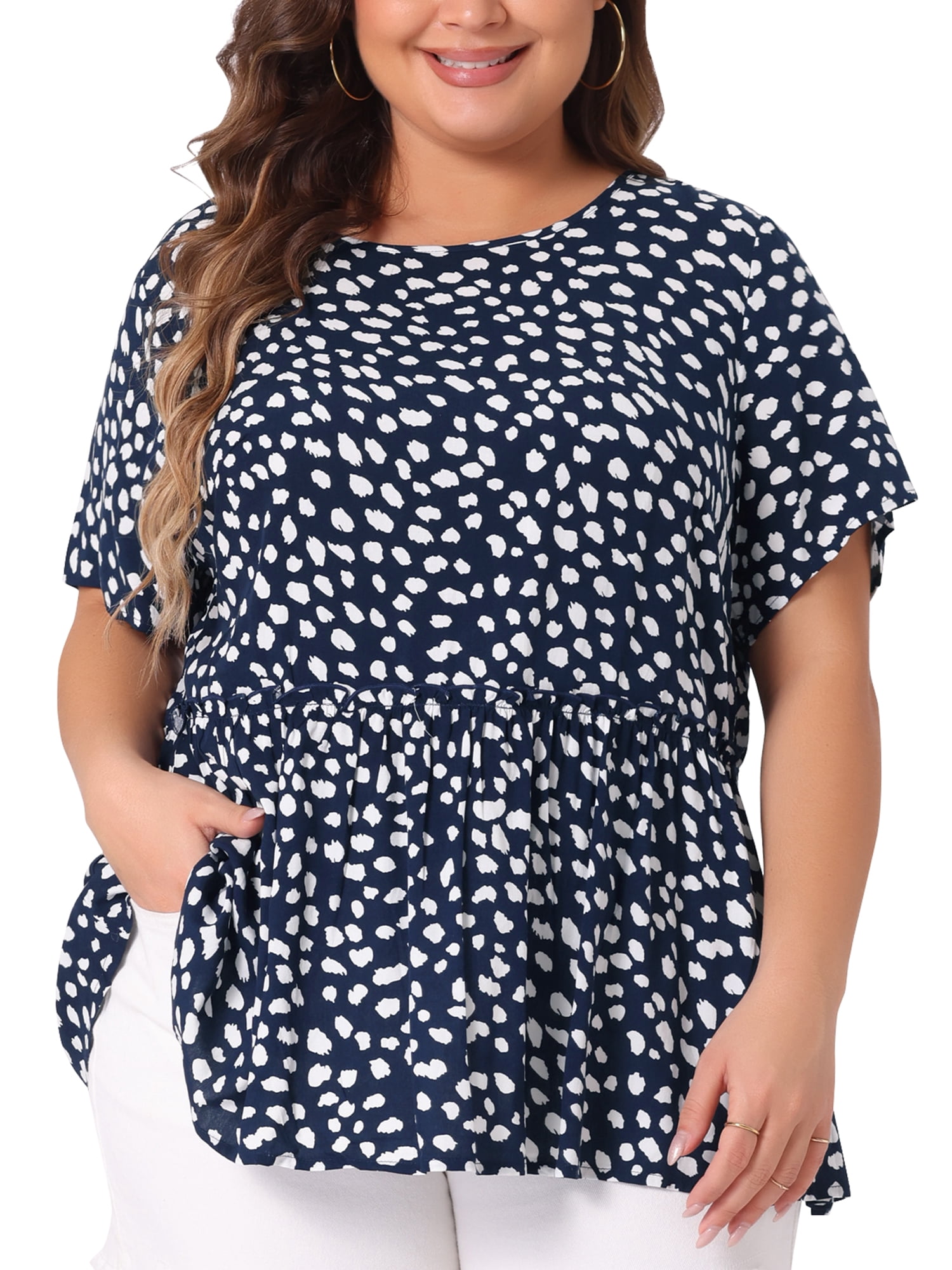 DARING DIVA Women's Plus Polka Dots Crew Neck Peplum Blouse 3X Navy Blue