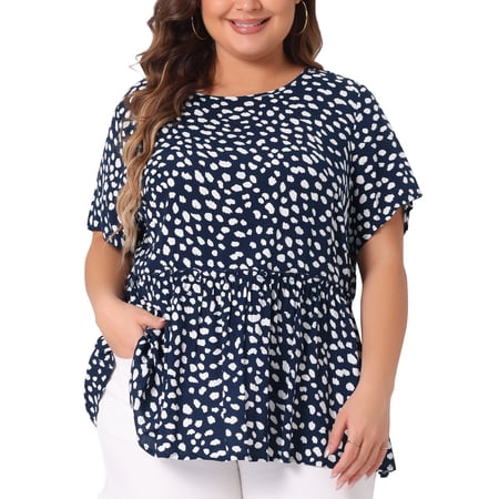 DARING DIVA Women's Plus Polka Dots Crew Neck Peplum Blouse 4X Navy Blue
