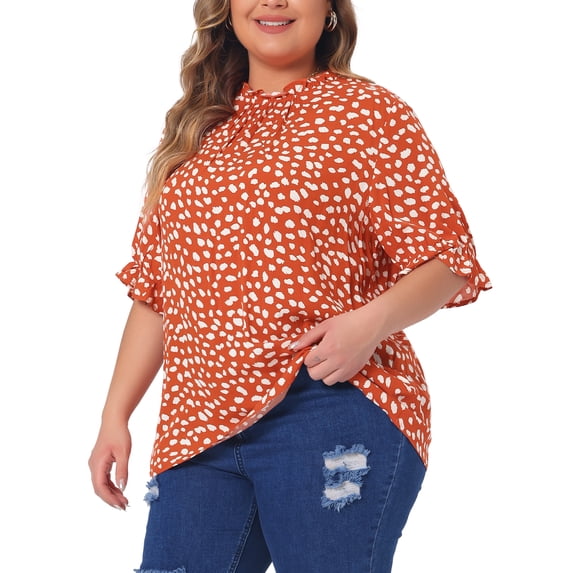 DARING DIVA Women's Plus Polka Dots Print Ruffle Hem Mock Neck Blouse 1X Orange