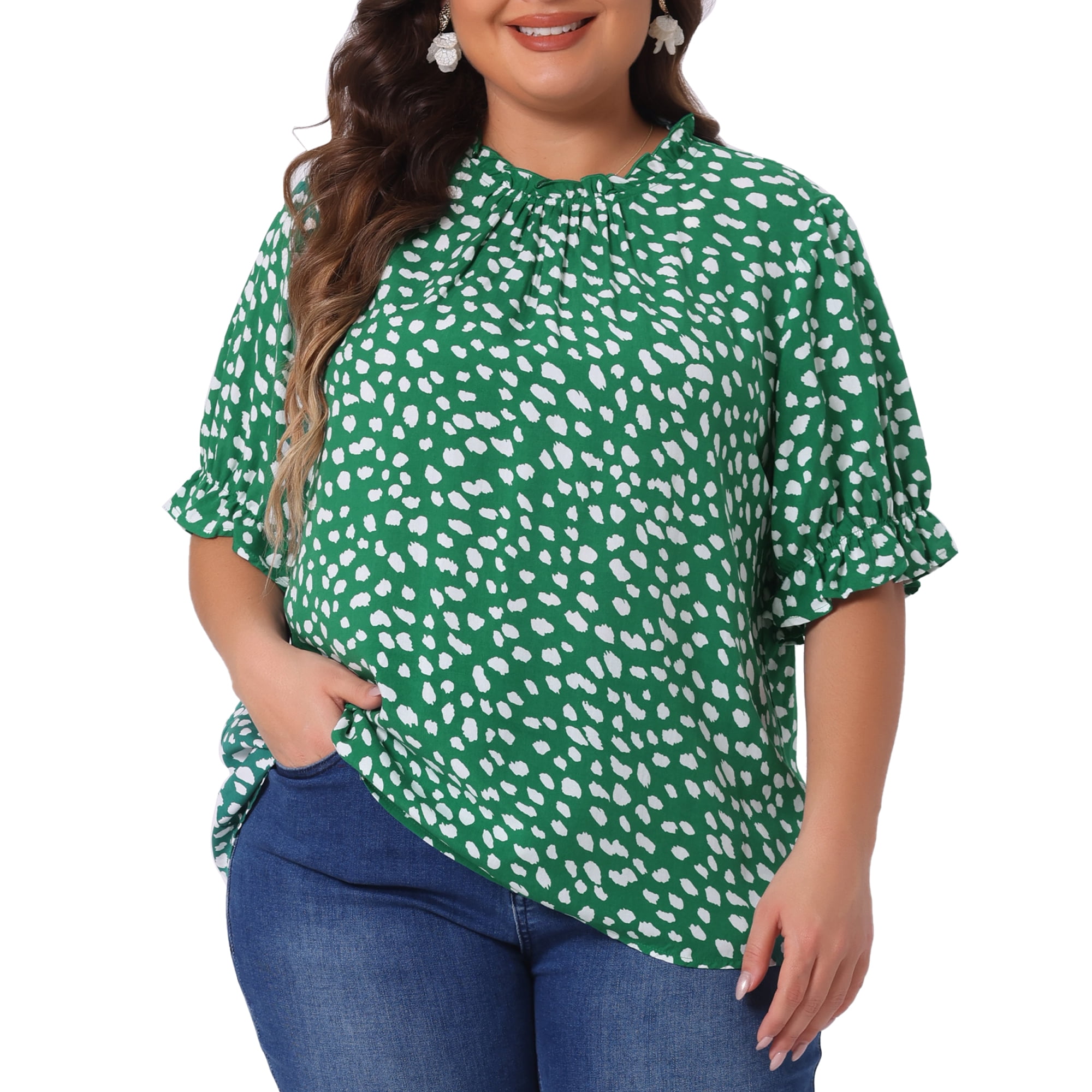 DARING DIVA Women's Plus Polka Dots Print Ruffle Hem Mock Neck Blouse 3X Green