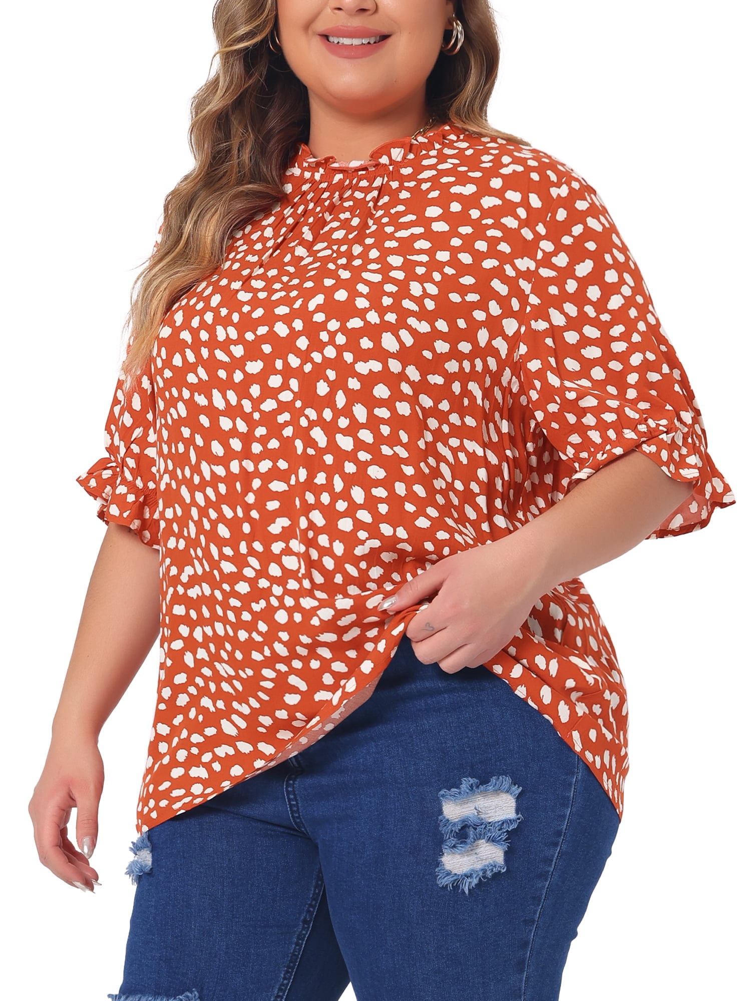 DARING DIVA Women's Plus Polka Dots Print Ruffle Hem Mock Neck Blouse 3X Orange