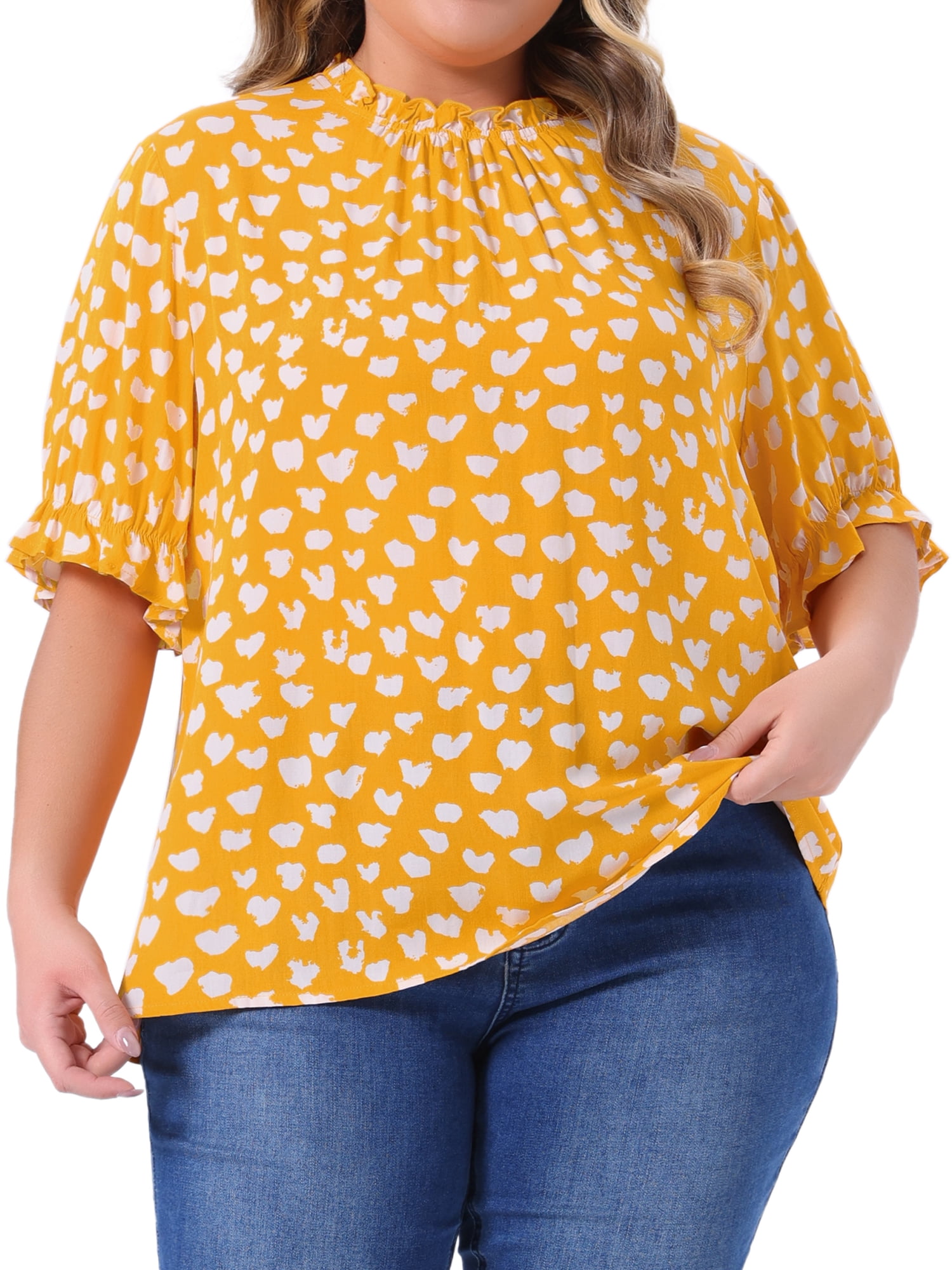 DARING DIVA Women's Plus Polka Dots Print Ruffle Hem Mock Neck Blouse 4X Yellow