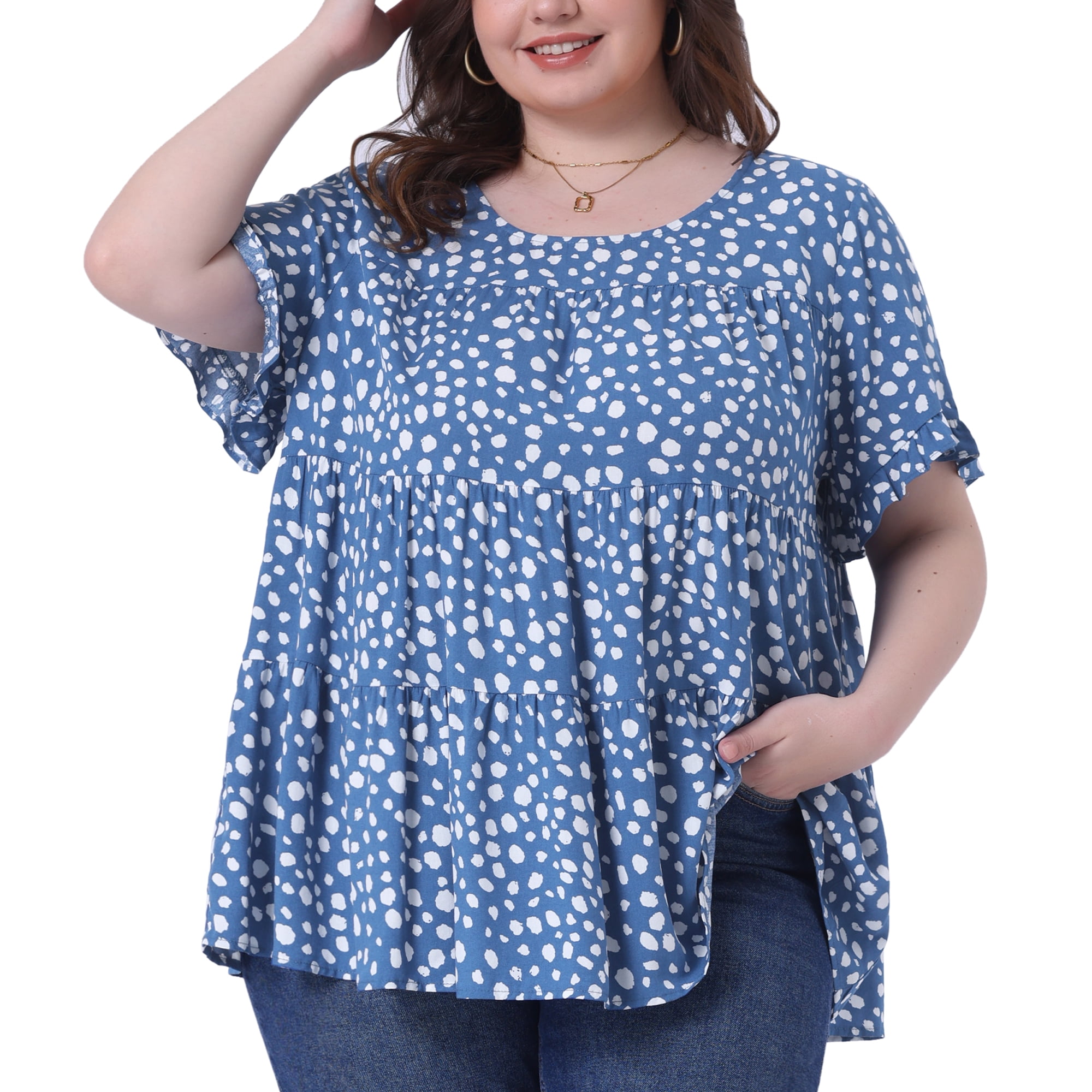 DARING DIVA Women's Plus Polka Dots Ruffle Sleeves Babydoll Tiered Blouse 1X Blue