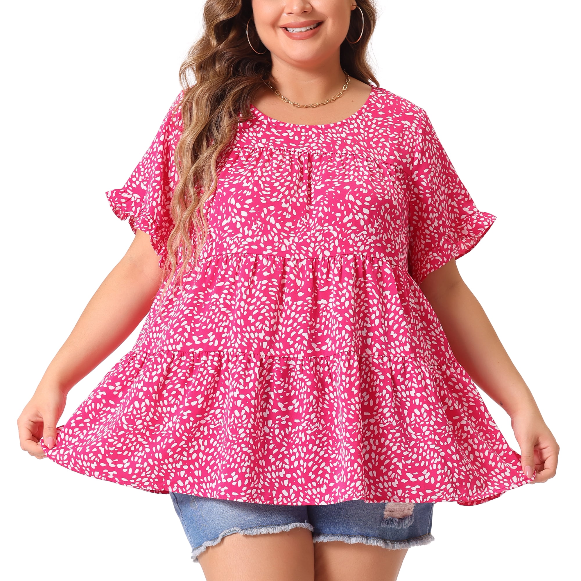 DARING DIVA Women's Plus Polka Dots Ruffle Sleeves Babydoll Tiered Blouse 1X Hot Pink