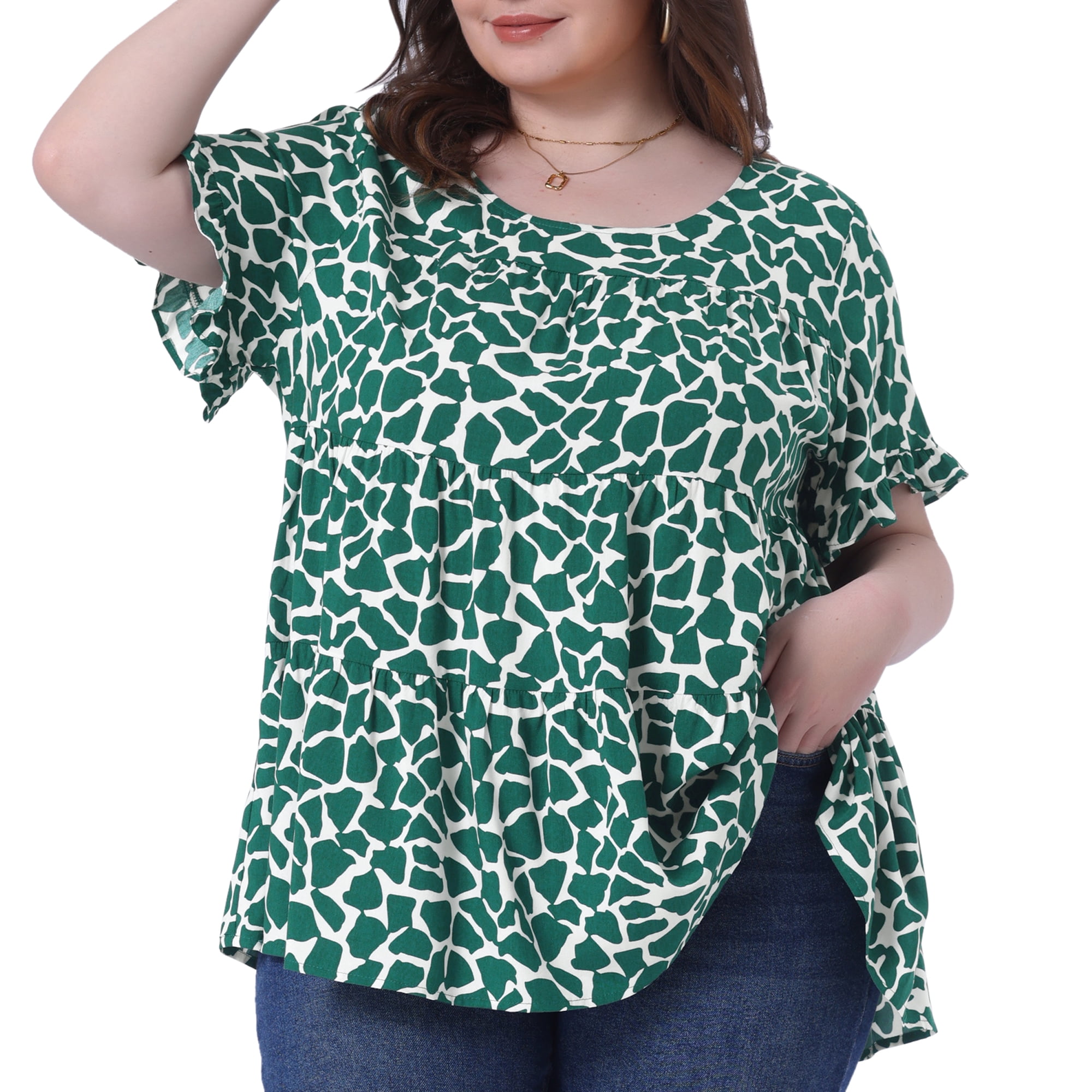 DARING DIVA Women's Plus Polka Dots Ruffle Sleeves Babydoll Tiered Blouse 1X White Green