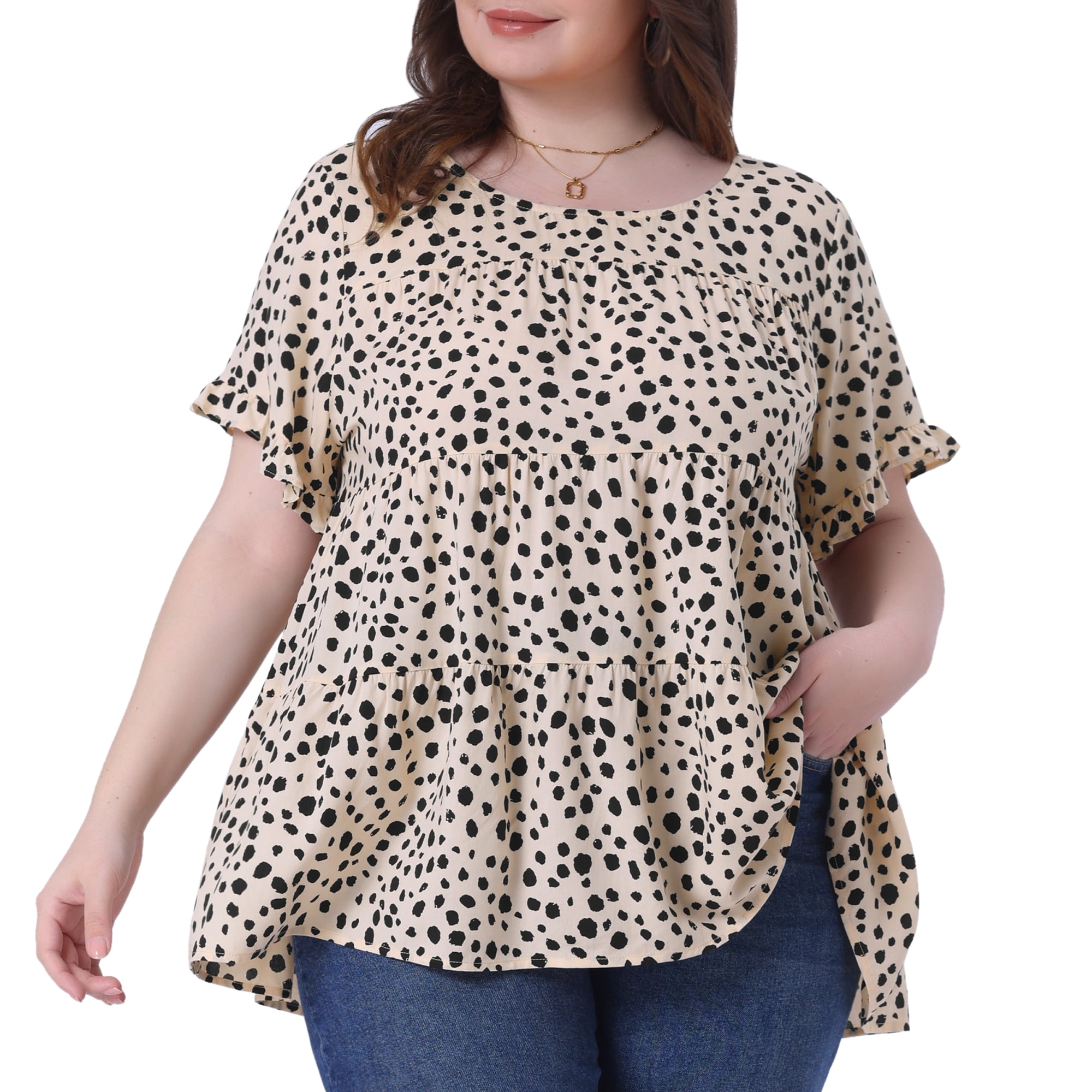 DARING DIVA Women's Plus Polka Dots Ruffle Sleeves Babydoll Tiered Blouse 2X Apricot