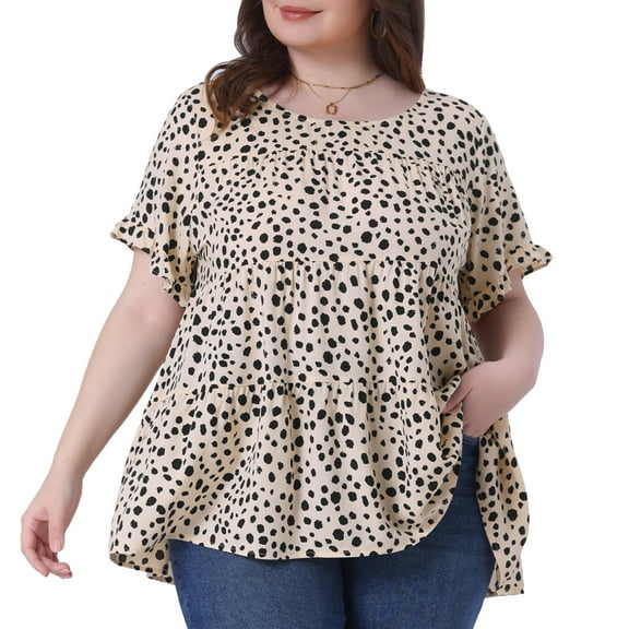 DARING DIVA Women's Plus Polka Dots Ruffle Sleeves Babydoll Tiered Blouse 2X Apricot