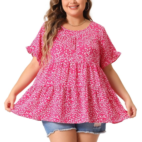 DARING DIVA Women's Plus Polka Dots Ruffle Sleeves Babydoll Tiered Blouse 3X Hot Pink