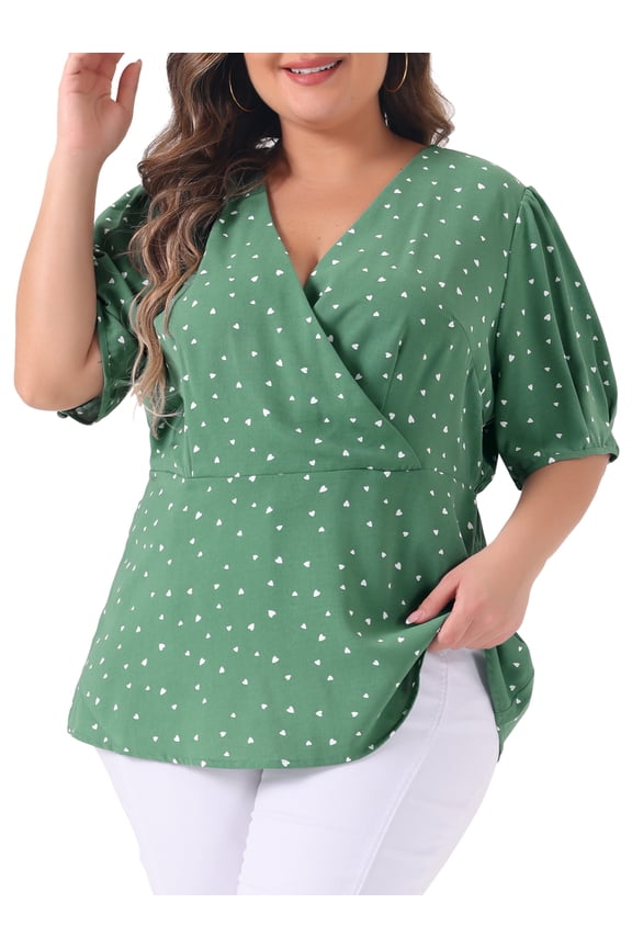 DARING DIVA Women's Plus Polka Dots V Neck Short Sleeve Wrap Peplum Top 3X Green