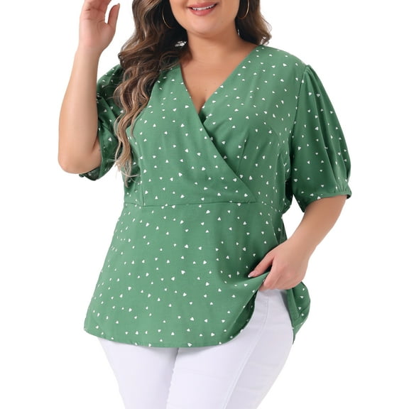 DARING DIVA Women's Plus Polka Dots V Neck Short Sleeve Wrap Peplum Top 4X Green