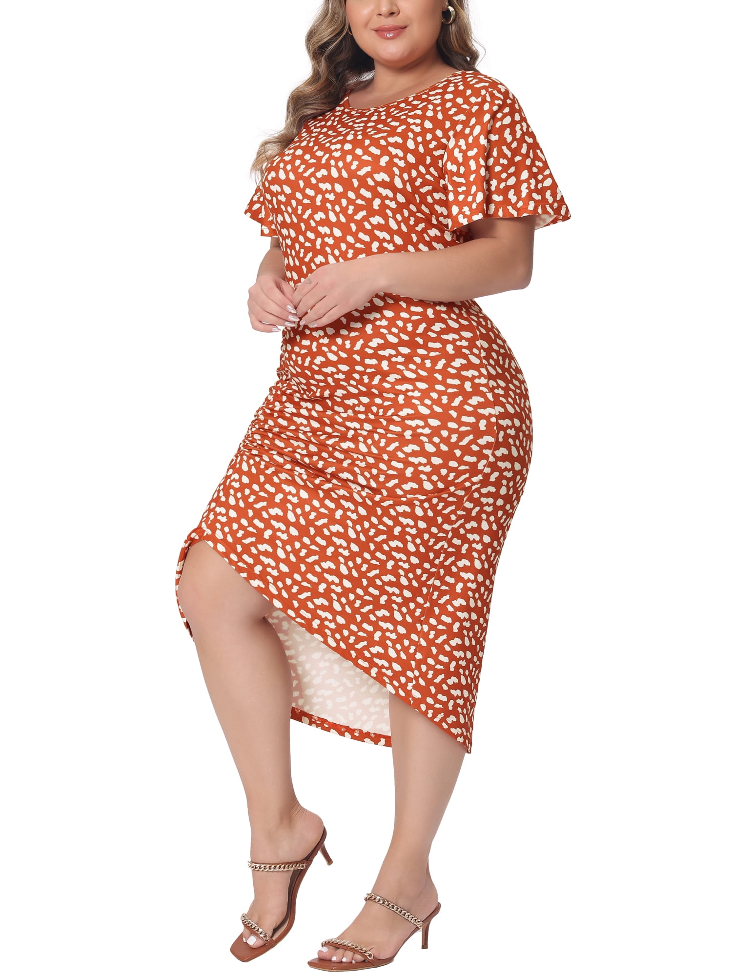 DARING DIVA Women's Plus Polka Dots and Ruched Round Necks Dress 4X Orange