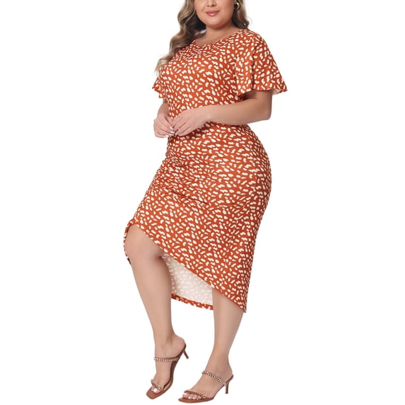 DARING DIVA Women's Plus Polka Dots and Ruched Round Necks Dress 4X Orange