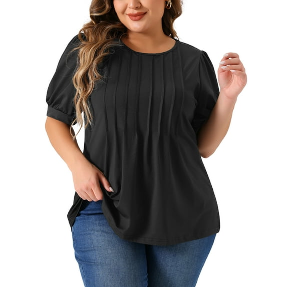 DARING DIVA Women's Plus Puff Short Sleeve Crew Neck Pleated Tunic Blouse 1X Black