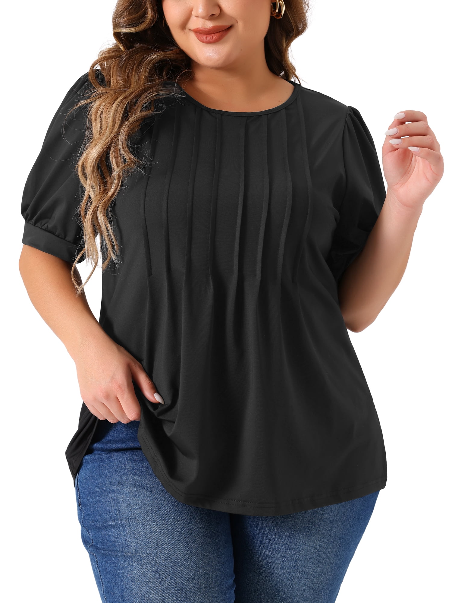 Women's Plus Top Puff Short Sleeve Tops Crew Neck Pleated Shirts Tunic Blouses 3X Black