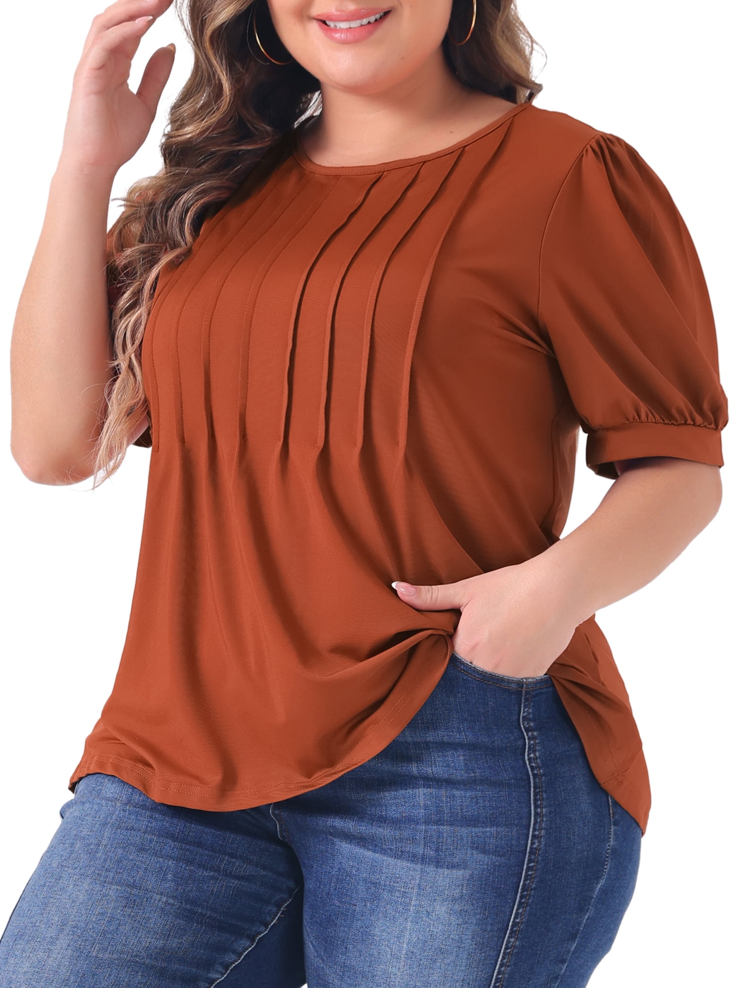 Women's Plus Top Puff Short Sleeve Tops Crew Neck Pleated Shirts Tunic Blouses 3X Red Brown