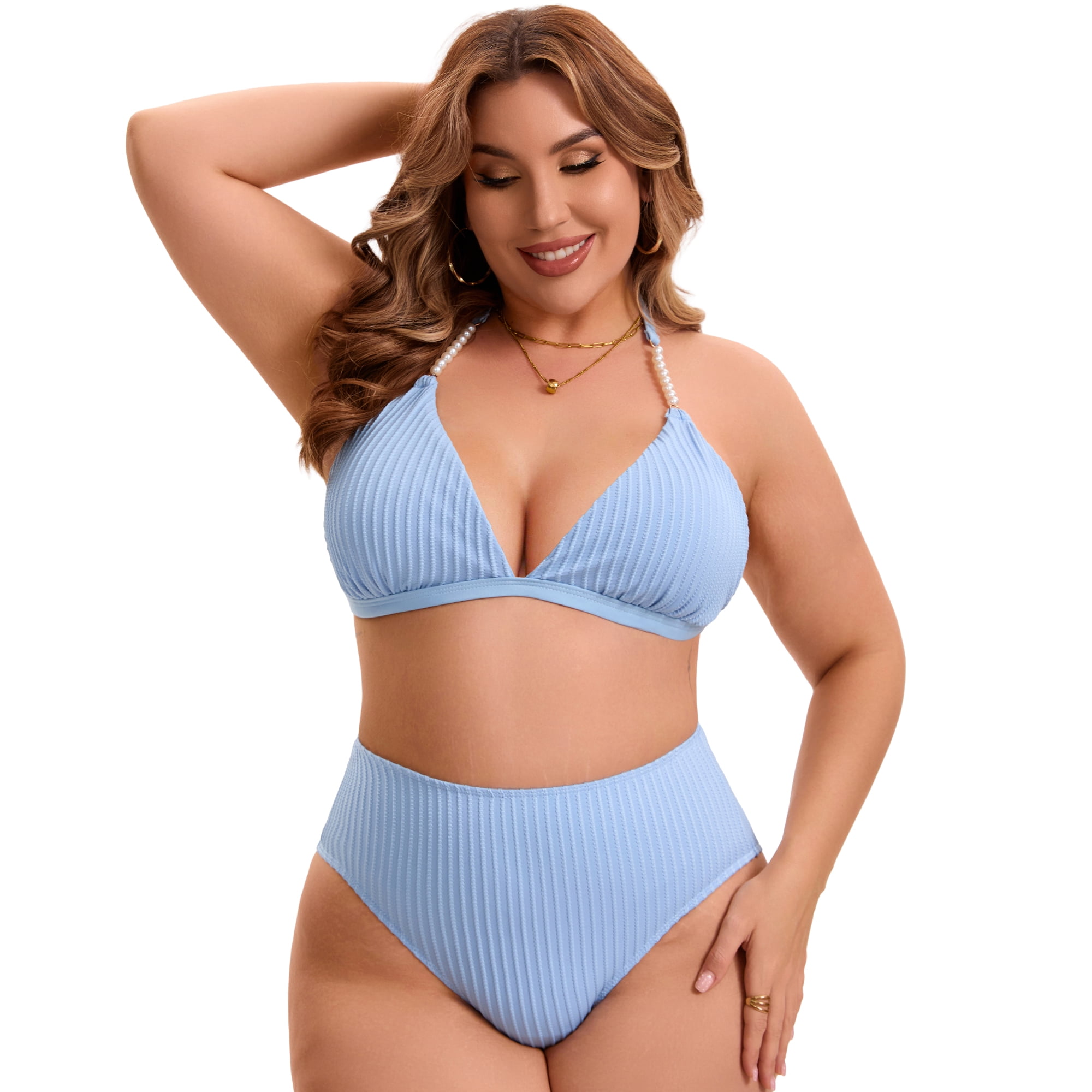 DARING DIVA Women's Plus Ribbed Halter Pearl Strap Top High Waisted Shorts 3X Light Blue