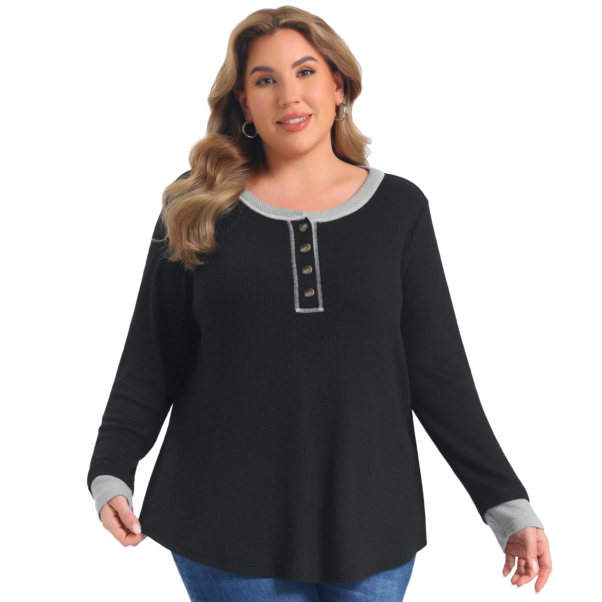 DARING DIVA Women's Plus Ribbed Knit Contrast Color Button Crew 4X Black