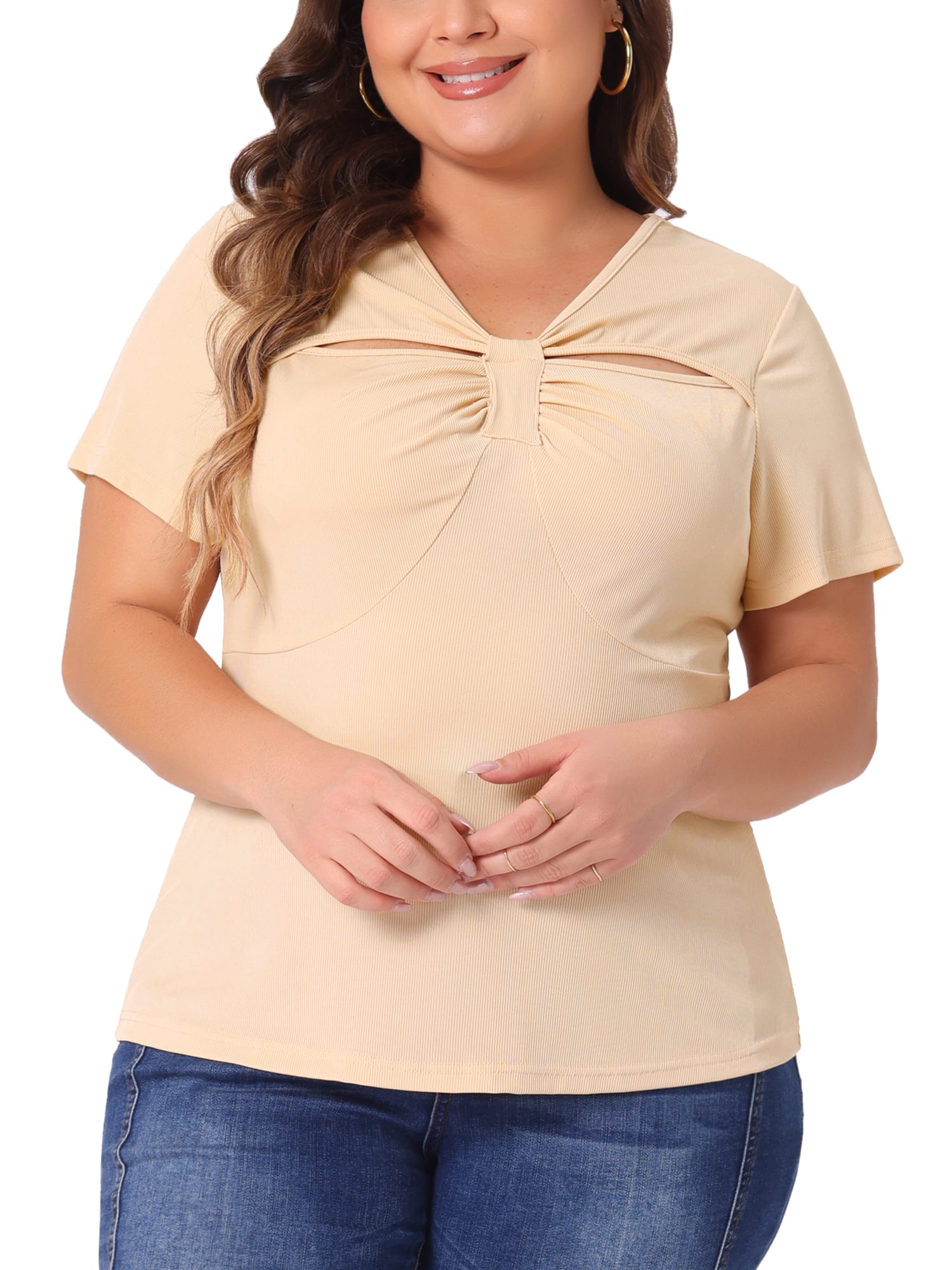 DARING DIVA Women's Plus Ribbed Knit Cutout Twist Knot Neckline Blouse 1X Beige