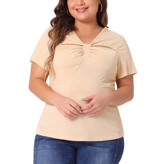 DARING DIVA Women's Plus Ribbed Knit Cutout Twist Knot Neckline Blouse 1X Beige