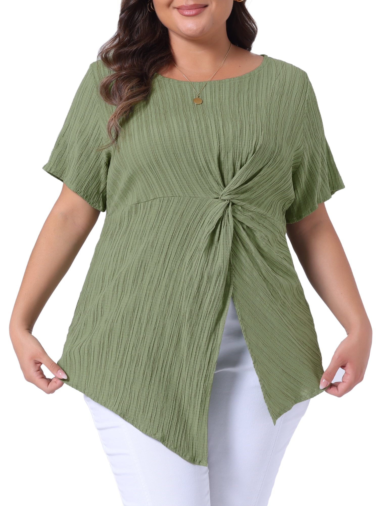 DARING DIVA Women's Plus Round Neck Asymmetrical Hem Twist Knot Top 2X Grass Green