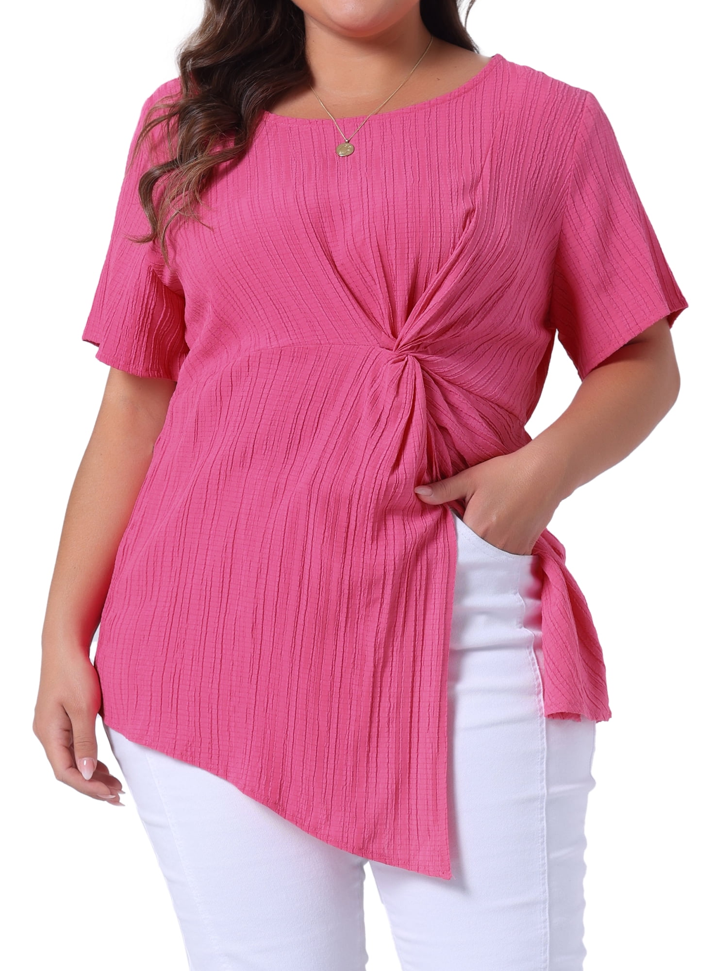 DARING DIVA Women's Plus Round Neck Asymmetrical Hem Twist Knot Top 3X Rose Red