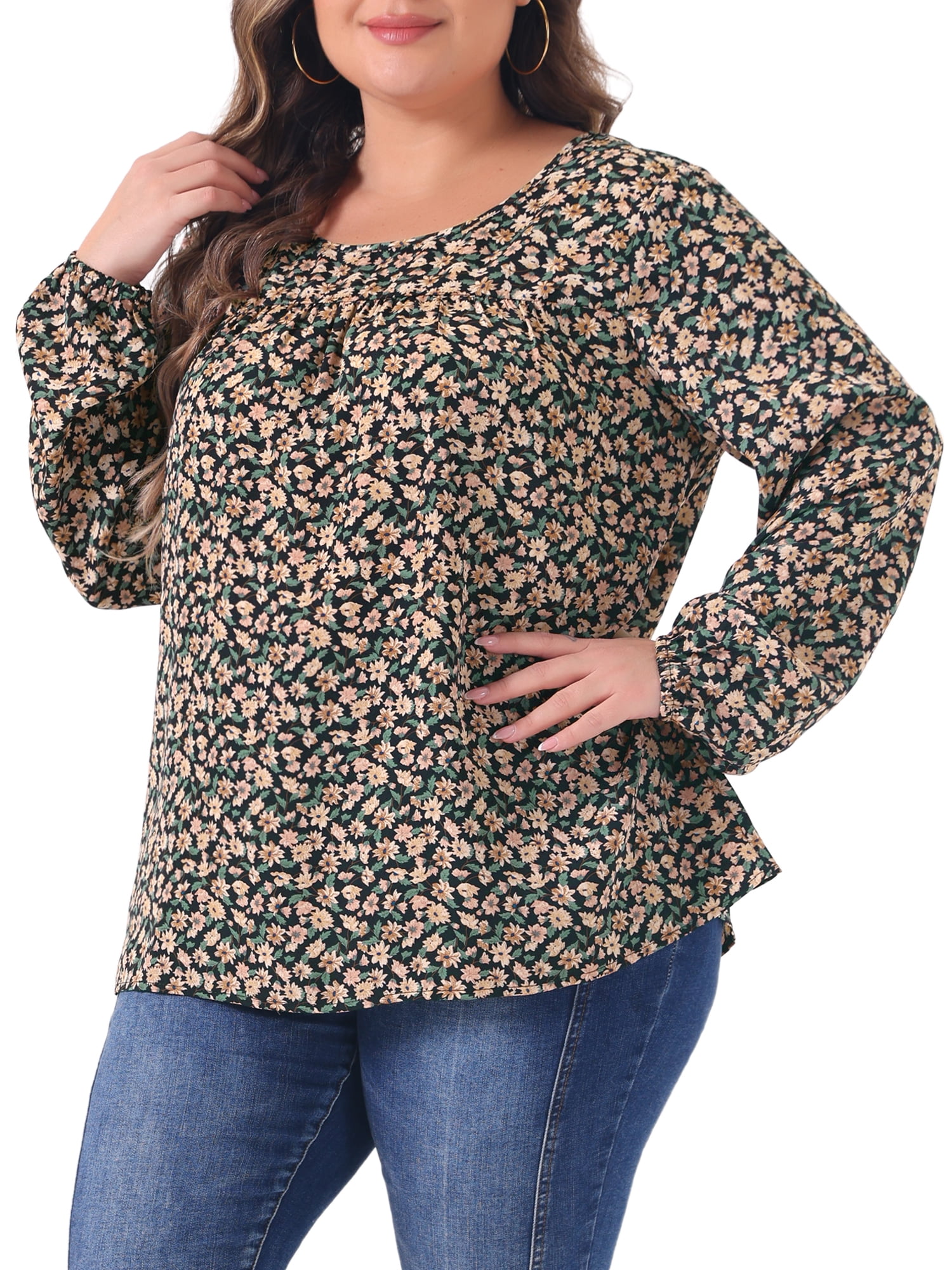 Unique Bargains Women's Plus Size Long Sleeve Floral Print Blouses Tops 1X Black Beige